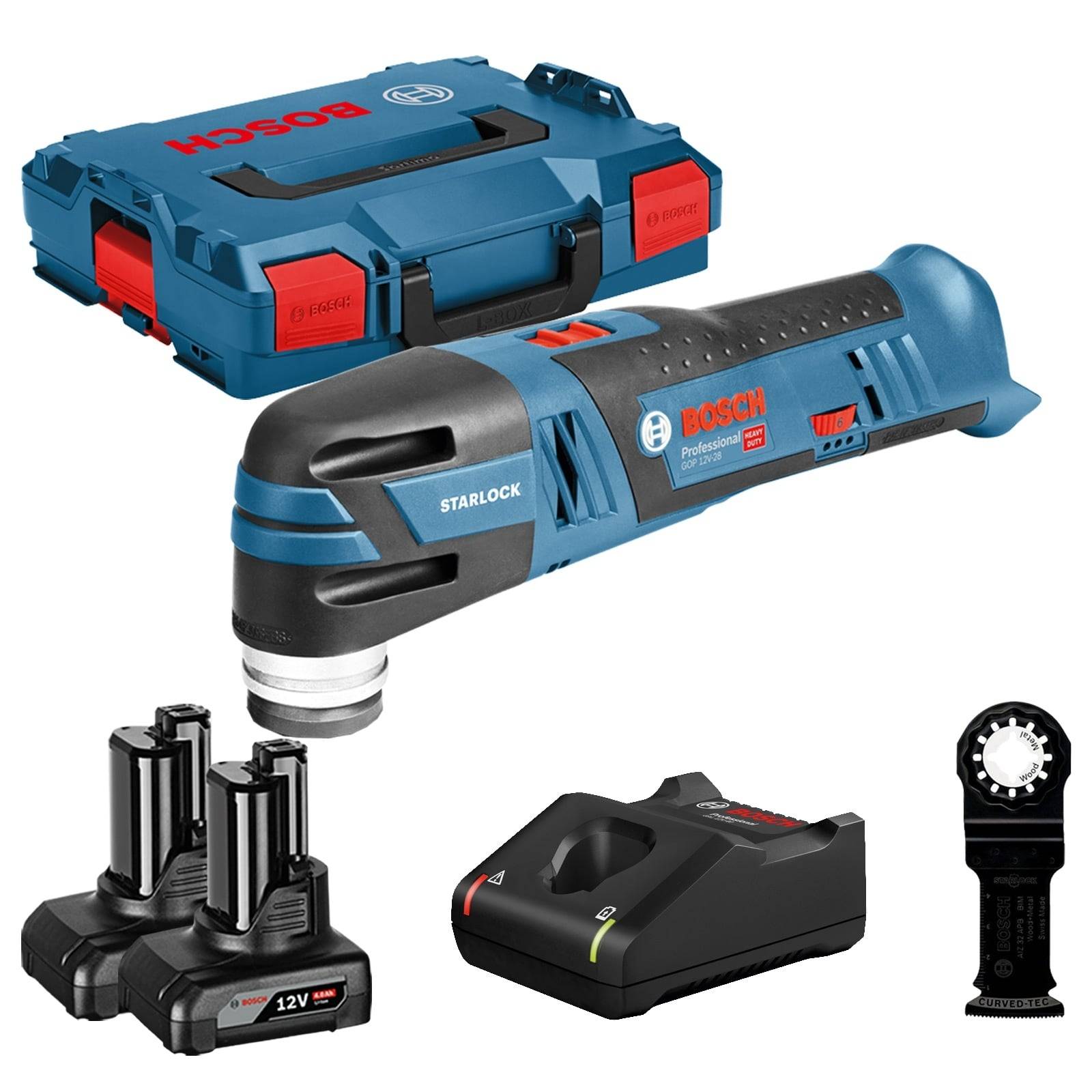 Ein blau-schwarzer Bosch Multifunktionswerkzeug-Satz mit Elektrowerkzeug, zwei Akkus, Ladegerät und Transportkoffer.