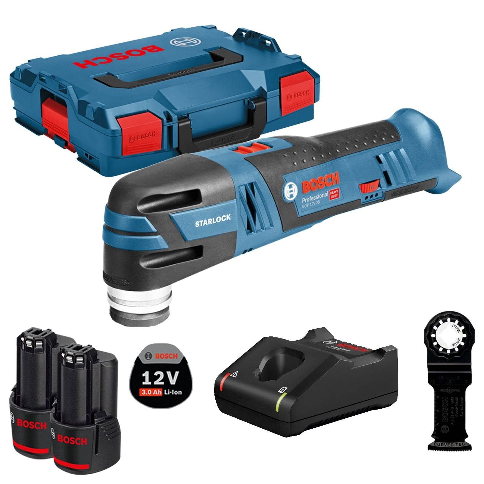 Bosch 12V Multifunktionswerkzeug-Set, bestehend aus Werkzeug, zwei Akkus, Ladegerät, Zubehör und Transportkoffer, vor einem weißen Hintergrund.