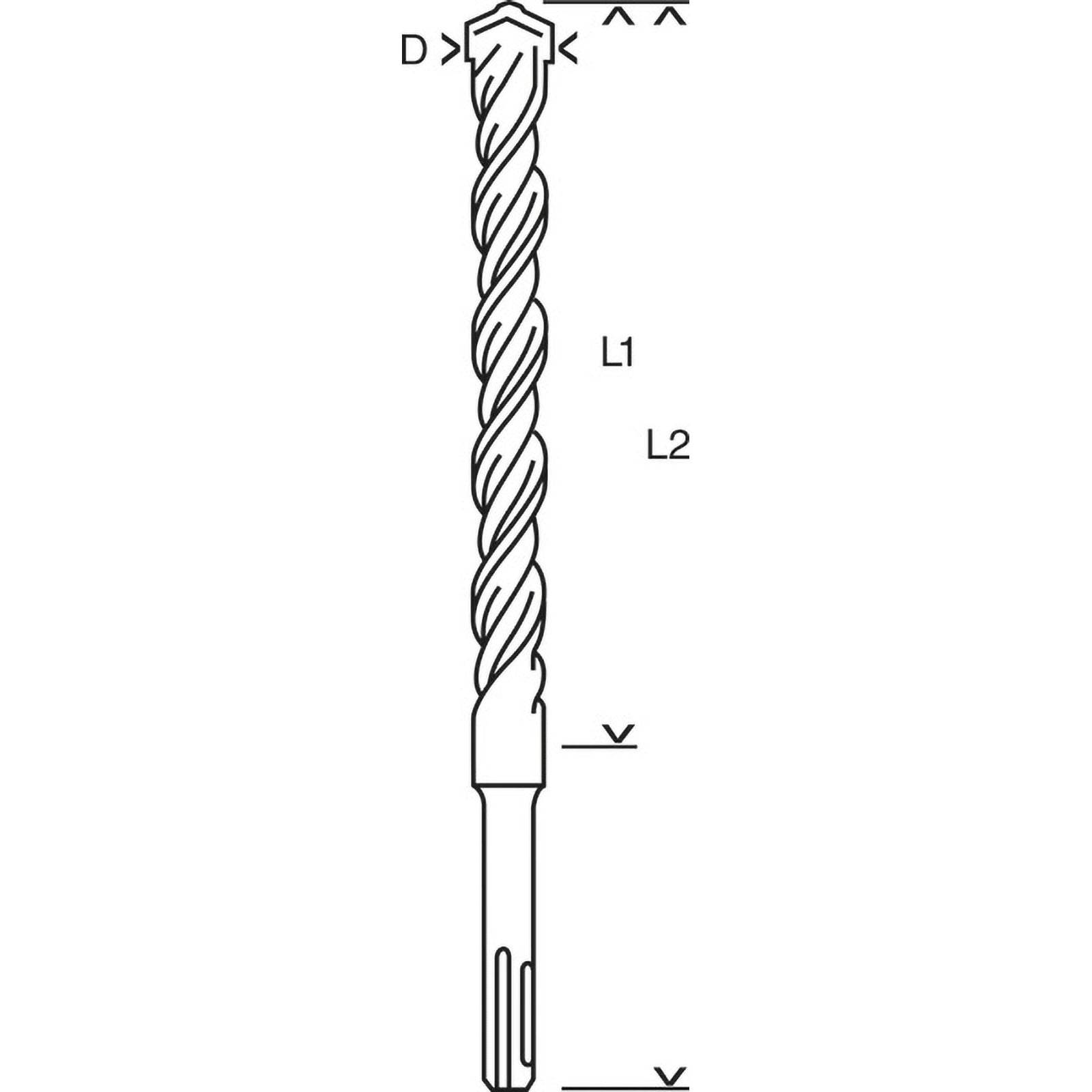 Diagramm eines Bohrers mit beschrifteten Abmessungen: D (Durchmesser) und L1 und L2 (Längen).