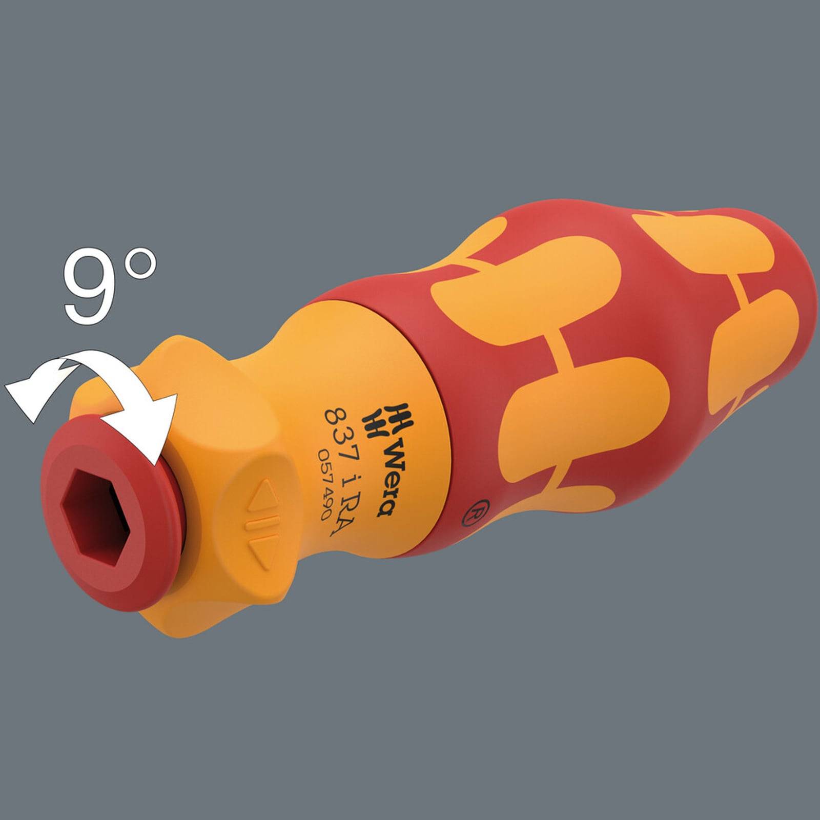 Isolierter Schraubendreher mit gelb-rotem ergonomischen Griff, der eine flexible Bewegung von 9 Grad durch einen Pfeil angezeigt.