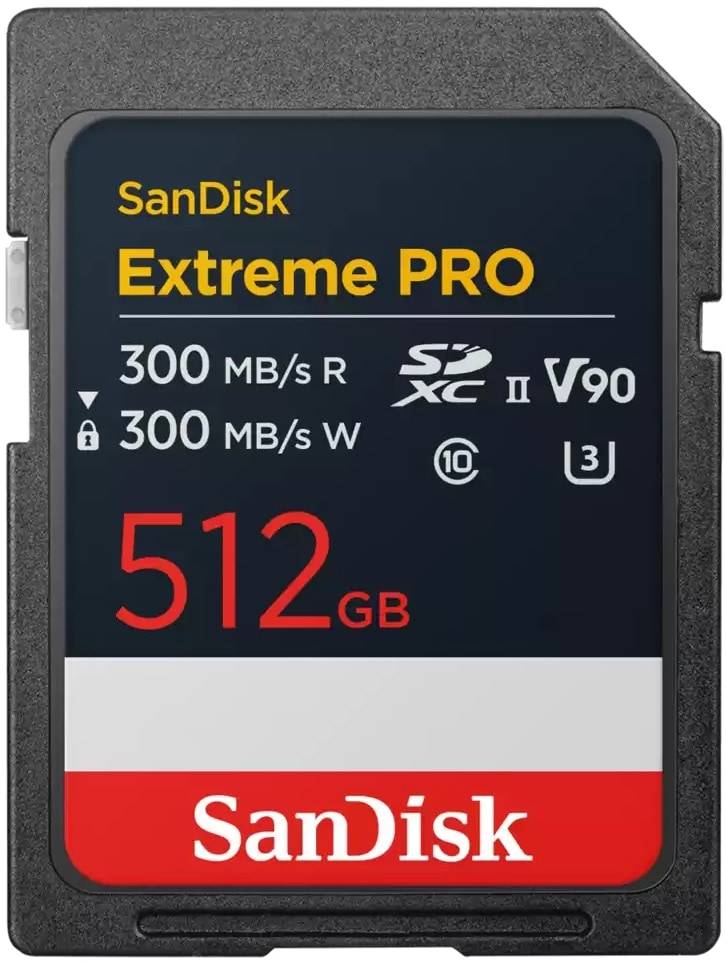 SanDisk Extreme PRO 512 GB Speicherkarte, 300 MB/s Lese-/Schreibgeschwindigkeit, UHS-II, V90, geeignet für High-Performance-Anwendungen.