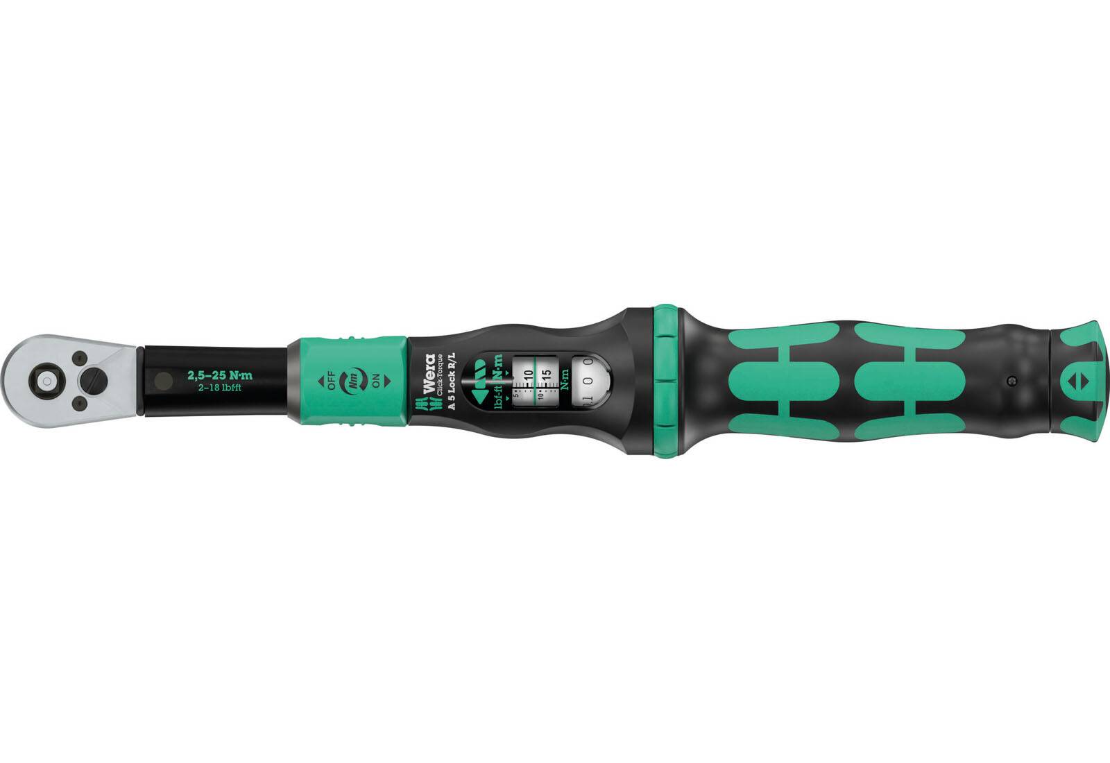 Wera Drehmomentschlüssel Click-Torque Lock A5 R/L mit Recht-/Linksanzug 2,5-25 Nm mit 1/4" Zoll Vierkant-Aufnahme