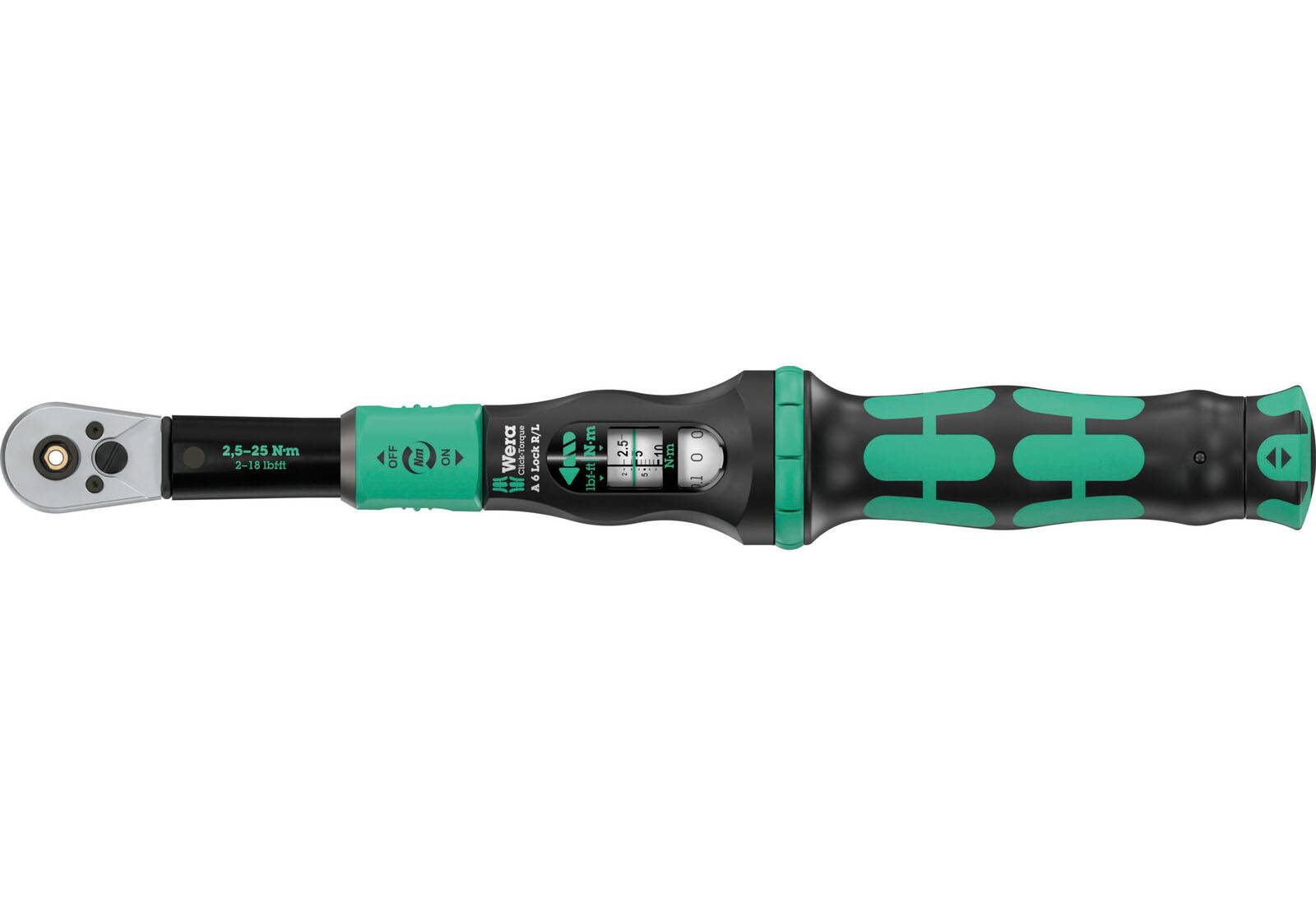 Wera Drehmomentschlüssel Click-Torque Lock A6 R/L mit Recht-/Linksanzug 2,5-25 Nm mit 1/4" Zoll Bit-Aufnahme
