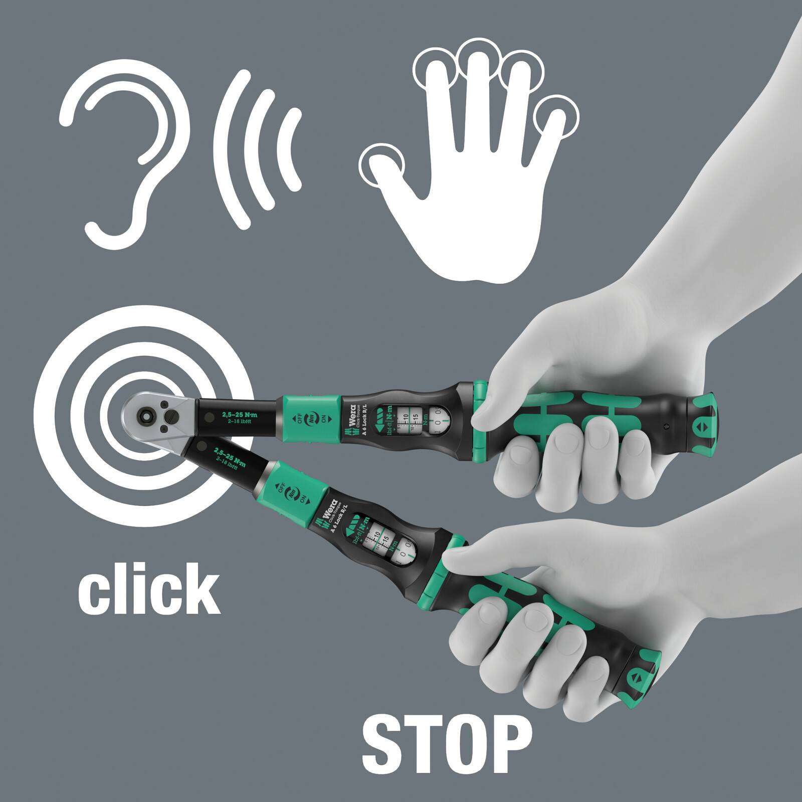 Wera Drehmomentschlüssel Click-Torque Lock A6 R/L mit Recht-/Linksanzug 2,5-25 Nm mit 1/4" Zoll Bit-Aufnahme