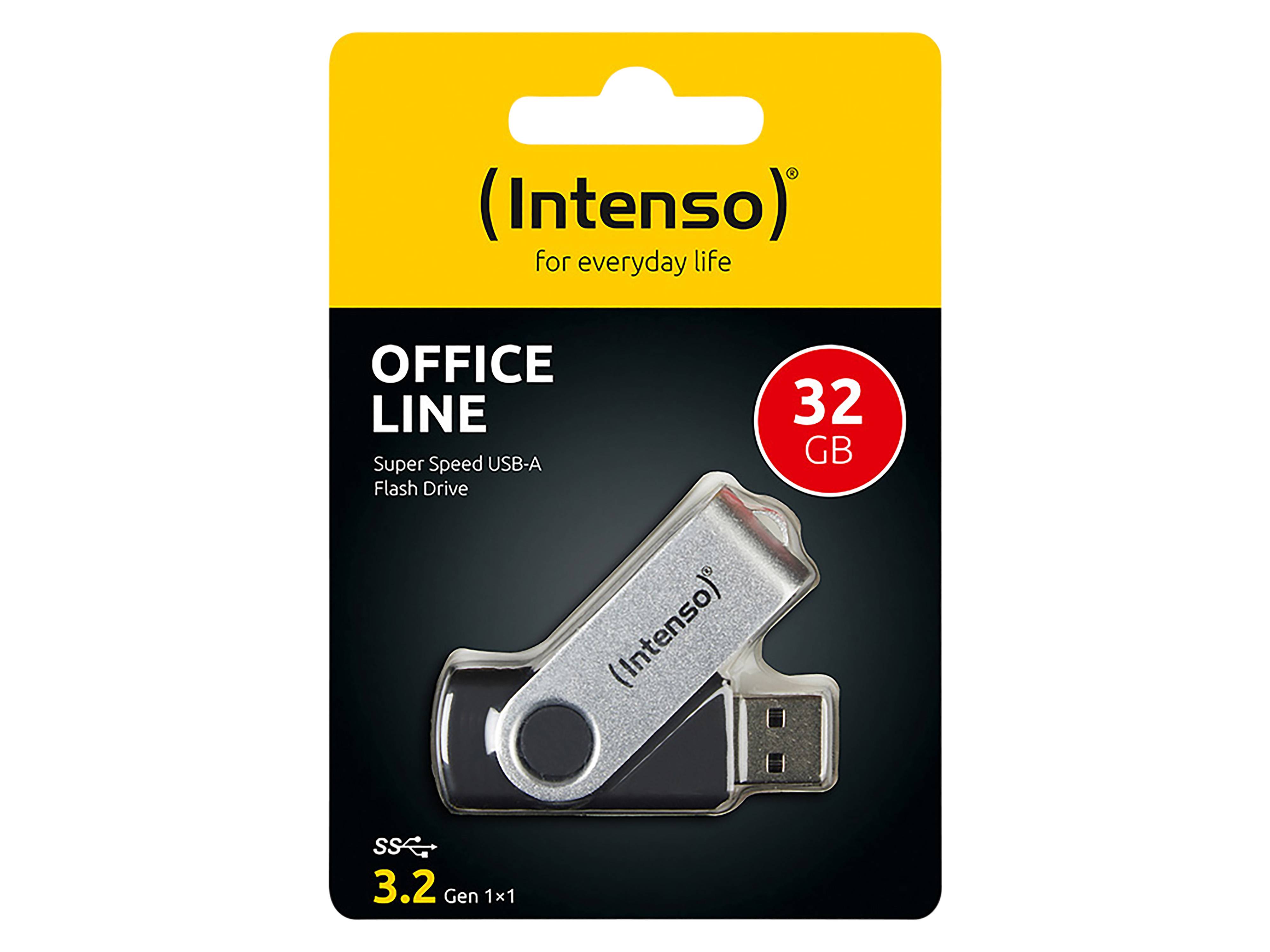 Verpackung des Intenso Office Line USB-A-Speichersticks, 32 GB Kapazität, mit hervorgehobenen Funktionen 