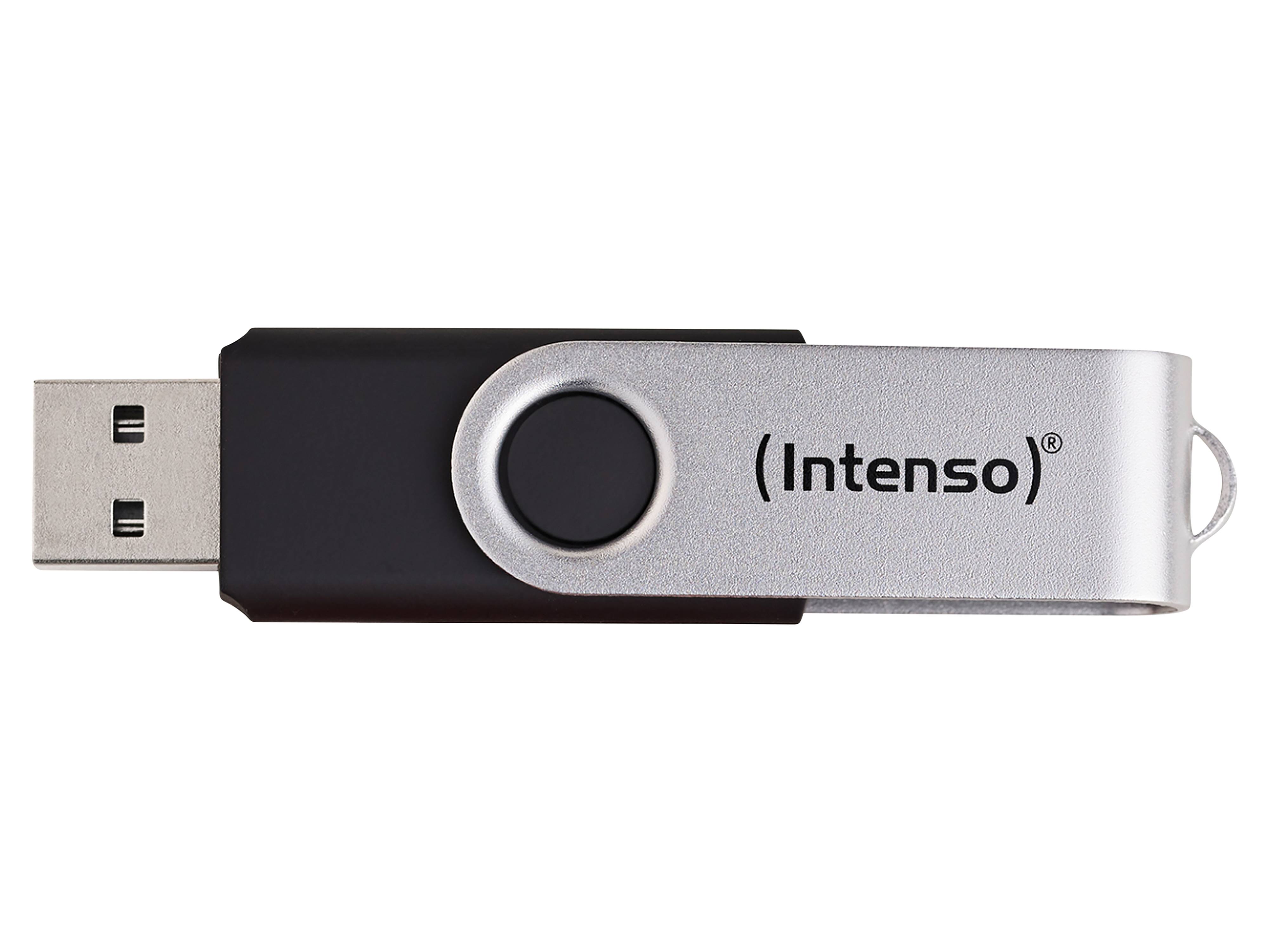 Ein USB-Stick mit drehbarem Metalldeckel trägt den Markennamen „Intenso