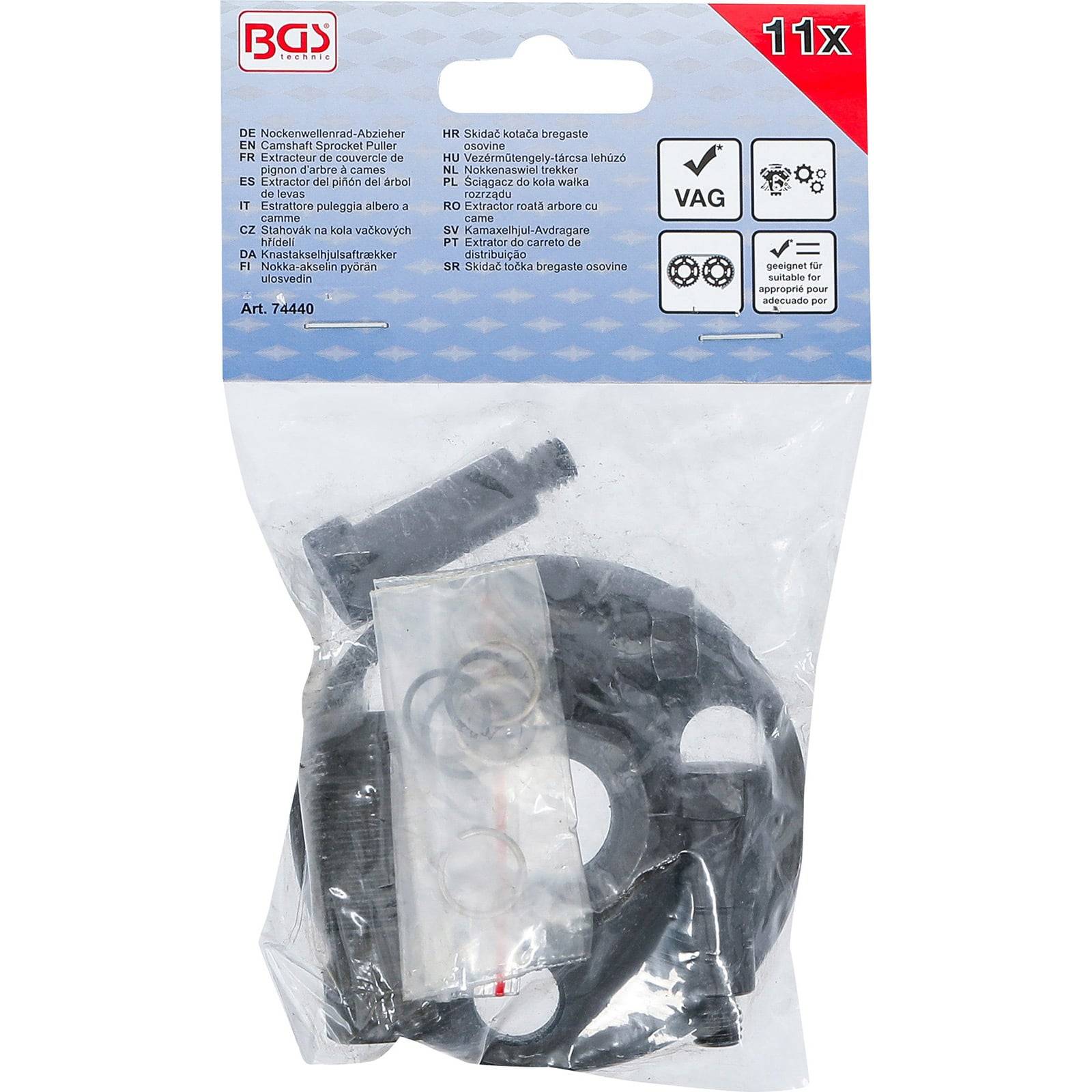 BGS 11x' Autozubehör-Set in einer transparenten Verpackung mit 'VAG' Etikett, das kleine Komponenten wie Schläuche und Anschlüsse zeigt.