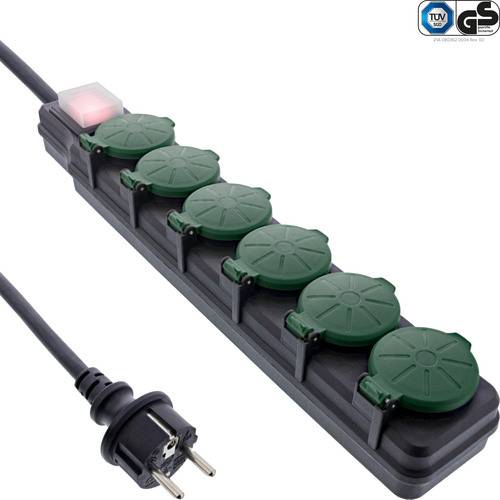 Eine Steckdosenleiste mit sechs Anschlüssen, ausgestattet mit individuellen runden, wetterfesten Abdeckungen und einem europäischen Stecker, speziell entwickelt für den Außen- oder Feuchtbereich.