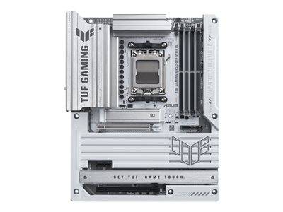Eine weiße ASUS TUF Gaming Computermotherboard mit verschiedenen Steckplätzen und Anschlüssen für Komponenten, die Markenbeschriftung und Designelemente aufweist.