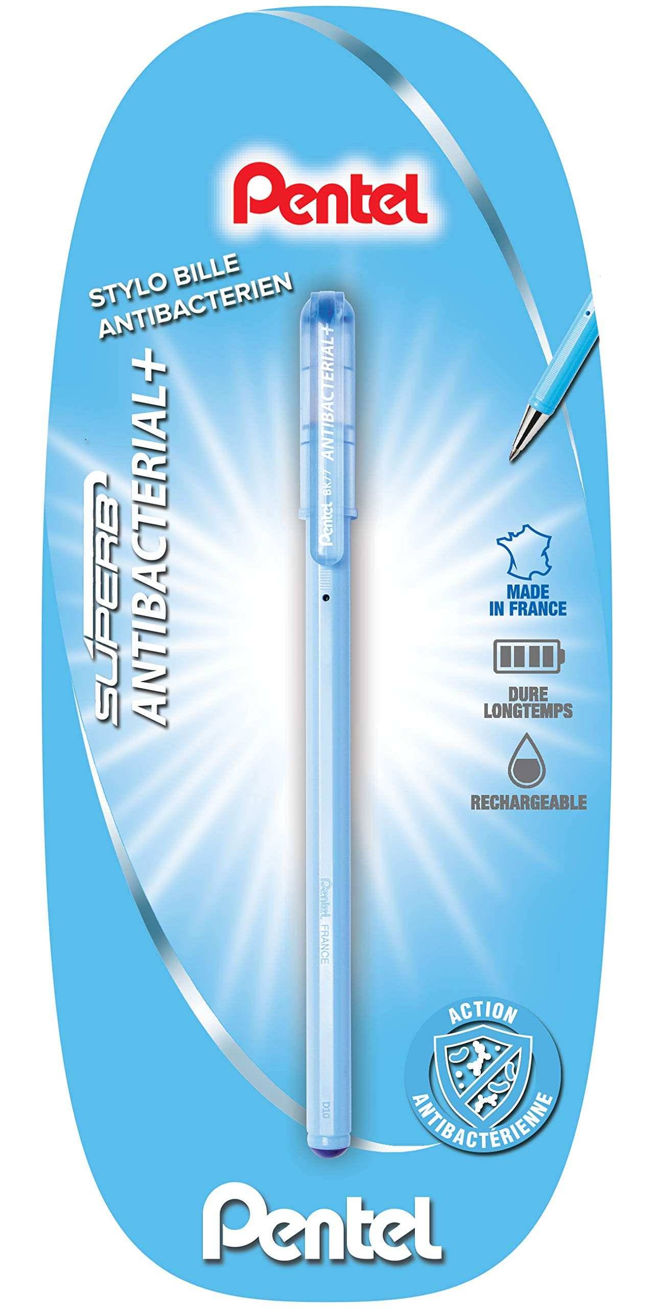Pentel Stylo Bille Antibactérien+ Kugelschreiber-Verpackung, blau, mit antibakteriellen und nachfüllbaren Eigenschaften, hergestellt in Frankreich.