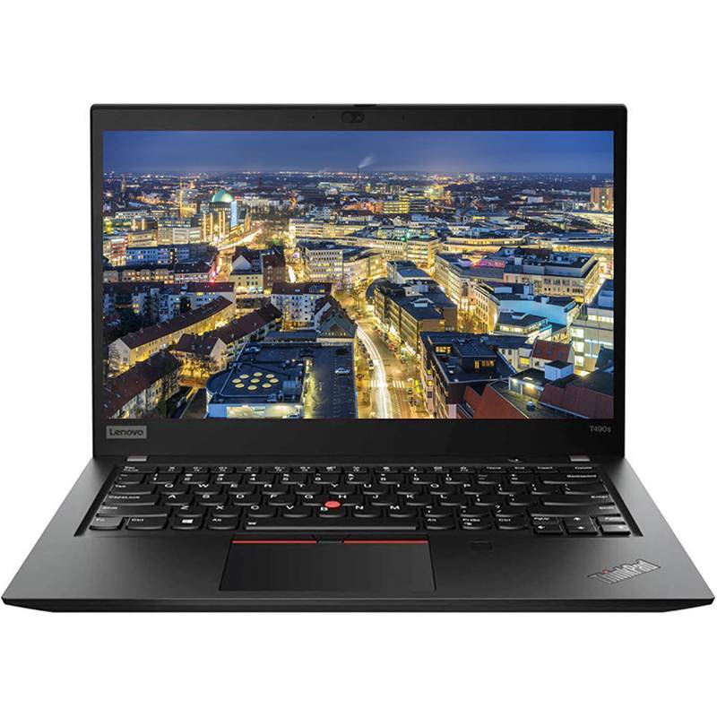 Schwarzer Lenovo ThinkPad Laptop offen mit einer Stadtszene bei Nacht auf dem Bildschirm