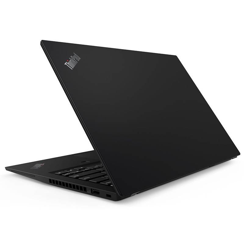 ThinkPad-Laptop in Schwarz, teilweise geöffnet auf weißem Hintergrund, mit Tastatur und Bildschirm aus einer geneigten Seitenansicht sichtbar.