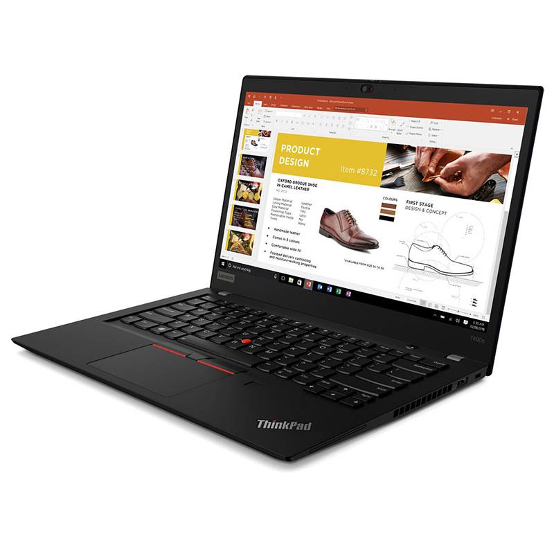 Schwarzer Lenovo ThinkPad-Laptop, der auf weißem Hintergrund geöffnet ist und auf dem Bildschirm eine Präsentationsfolie zum Thema Produktdesign zeigt.