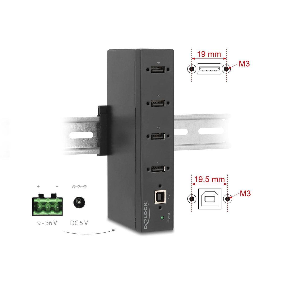 60686 - Delock Industrie Hub 4 x USB 2.0 Typ-A mit 15 kV ESD Schutz und Hutschienenbefes