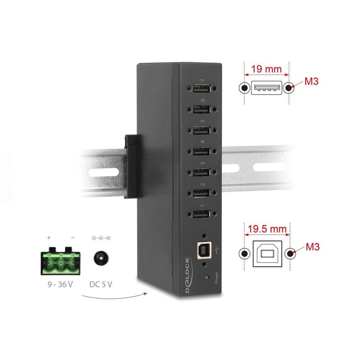 60687 - Delock Industrie Hub 7 x USB 2.0 Typ-A mit 15 kV ESD Schutz und Hutschienenbefes