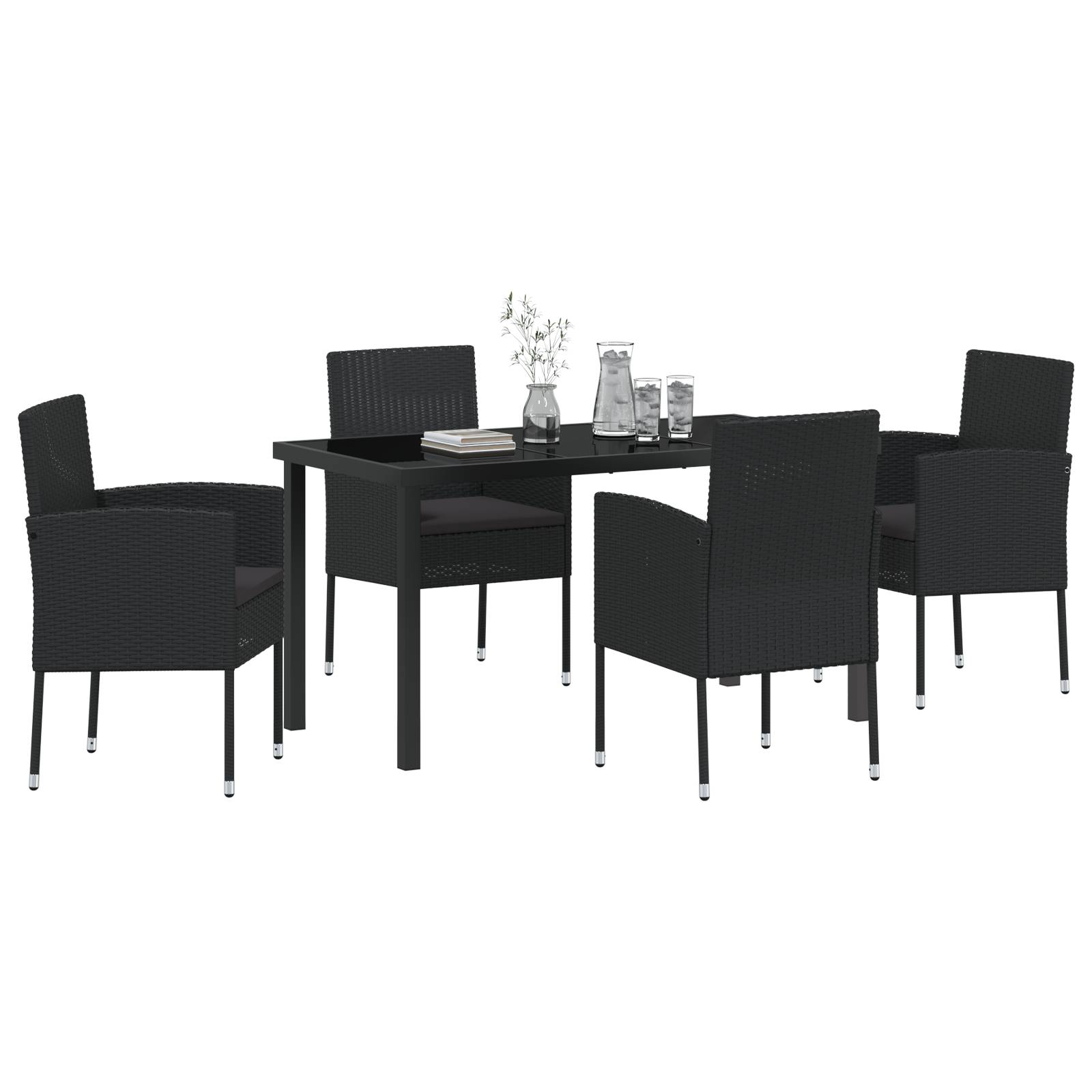 vidaXL 5-teiliges Garten-Ess-Set mit Kissen Schwarz Poly-Rattan