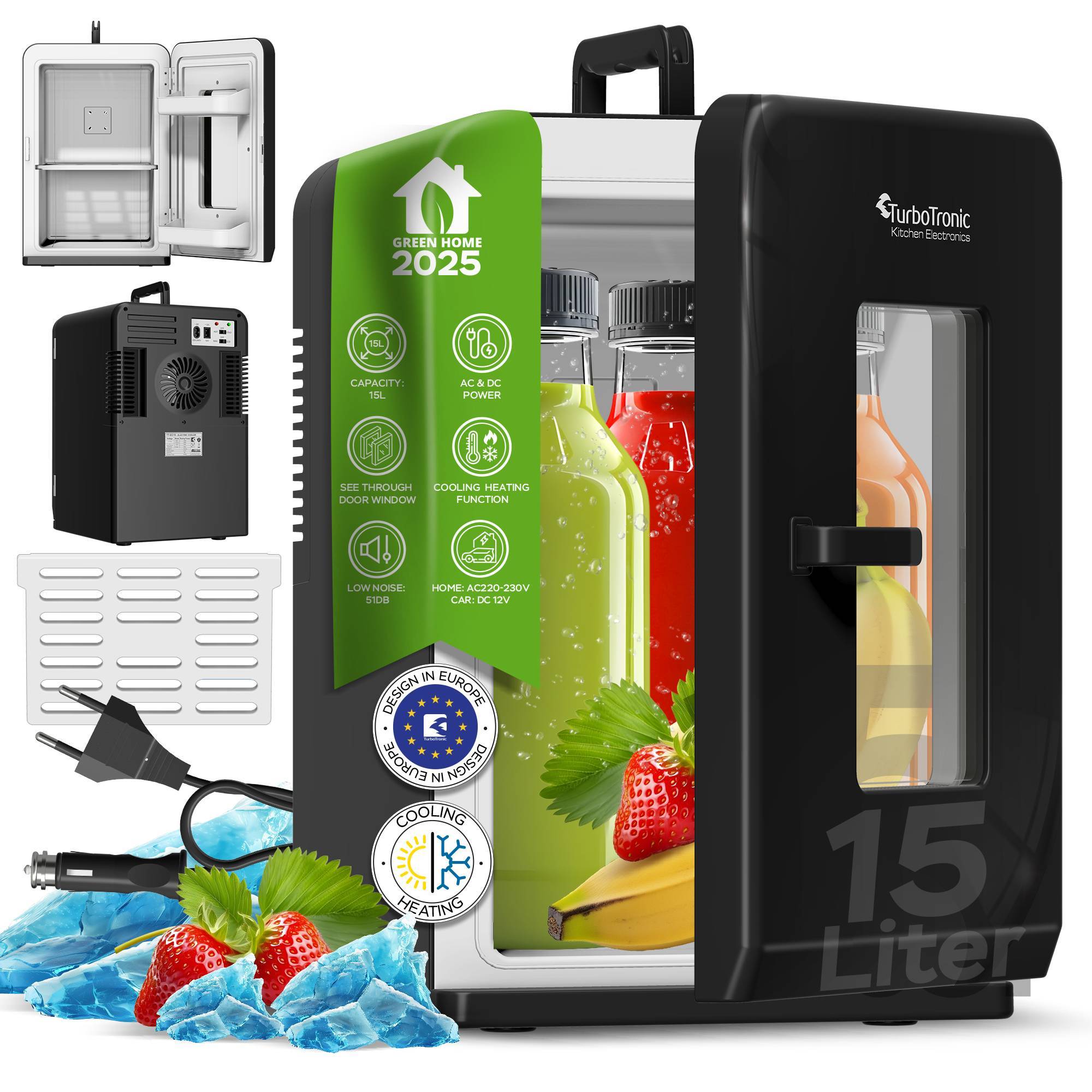 TurboTronic 2in1 Mini Kühlschrank Kühlbox 15 L Kühl & Heizfunktion tragbarer AC DC 220-240V/12V Steckdose und Zigarettenanzünder Warmhaltebox Ther