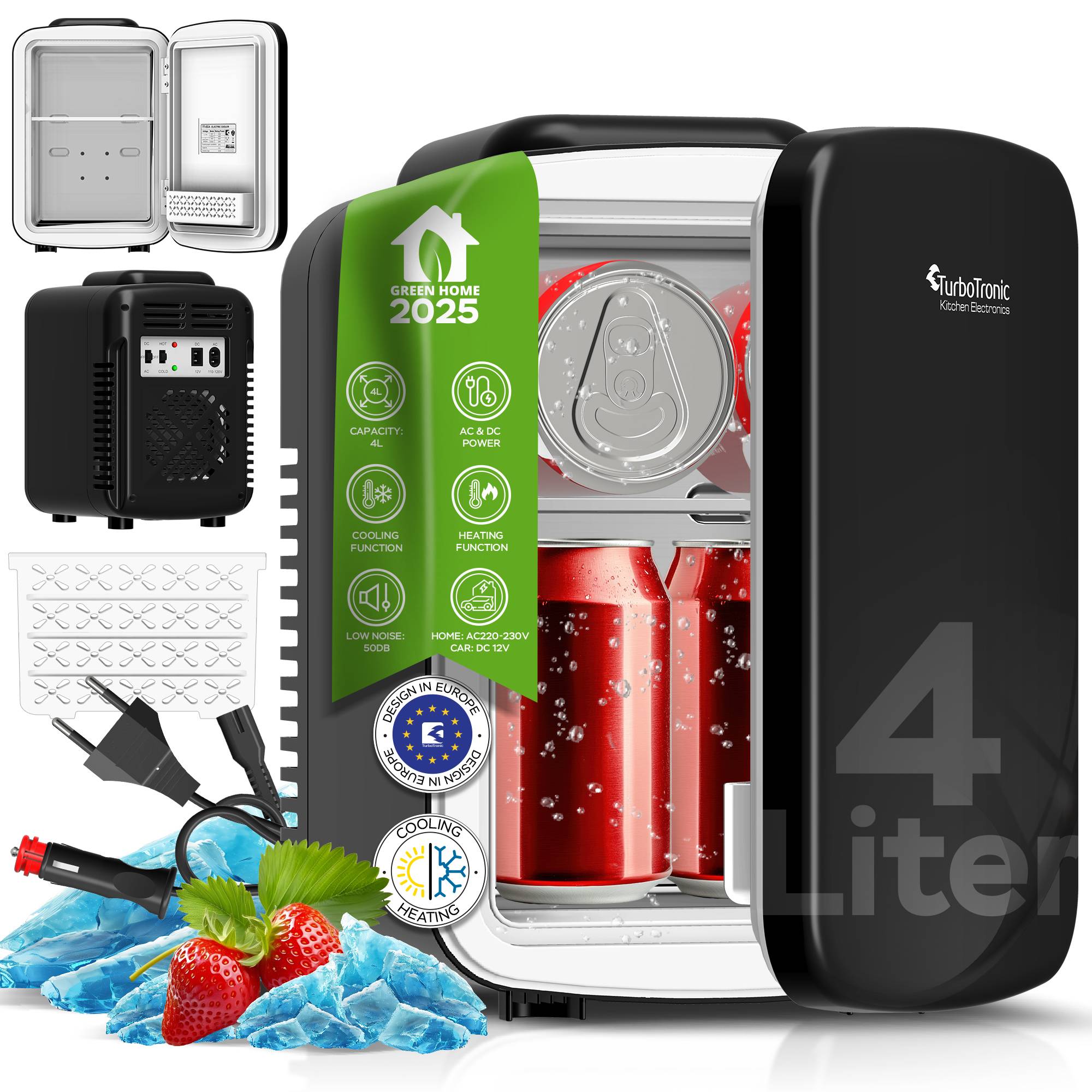 TurboTronic 2in1 Mini Kühlschrank Kühlbox 4 L Kühl & Heizfunktion tragbarer AC DC 220-240V/12V Steckdose und Zigarettenanzünder Warmhaltebox Therm