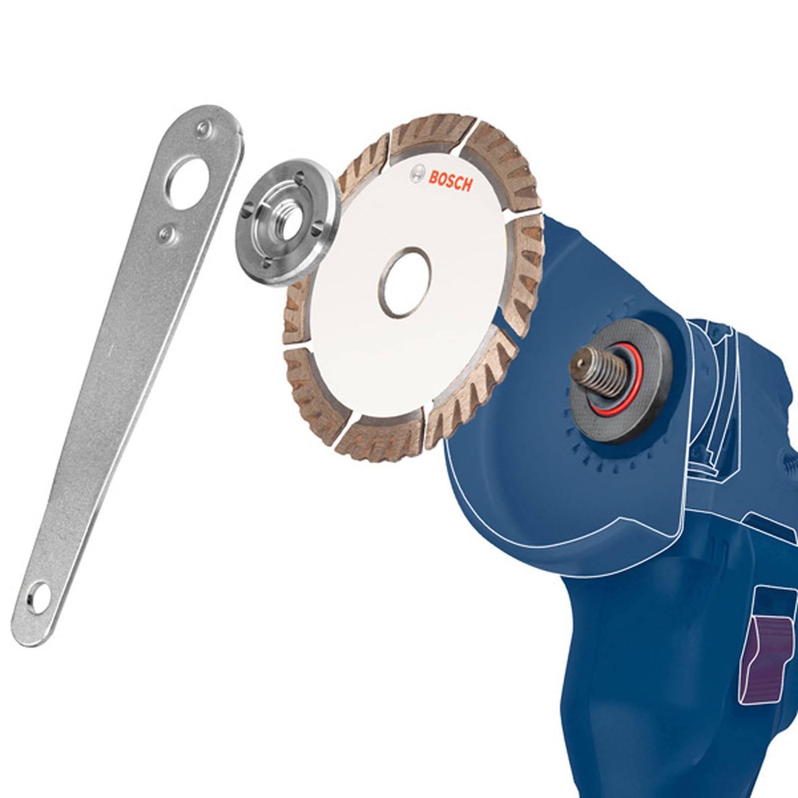Ein teilweise zerlegtes blaues Elektrowerkzeug, das ein Bosch-Kreissägeblatt und einen Metallschlüssel zeigt, was die Werkzeugwartung veranschaulicht.