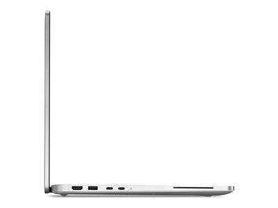 Ein elegantes, silbernes Laptop aus der Seitenansicht, das sein schlankes Profil und verschiedene Anschlüsse zeigt, darunter USB, HDMI und eine Kopfhörerbuchse.