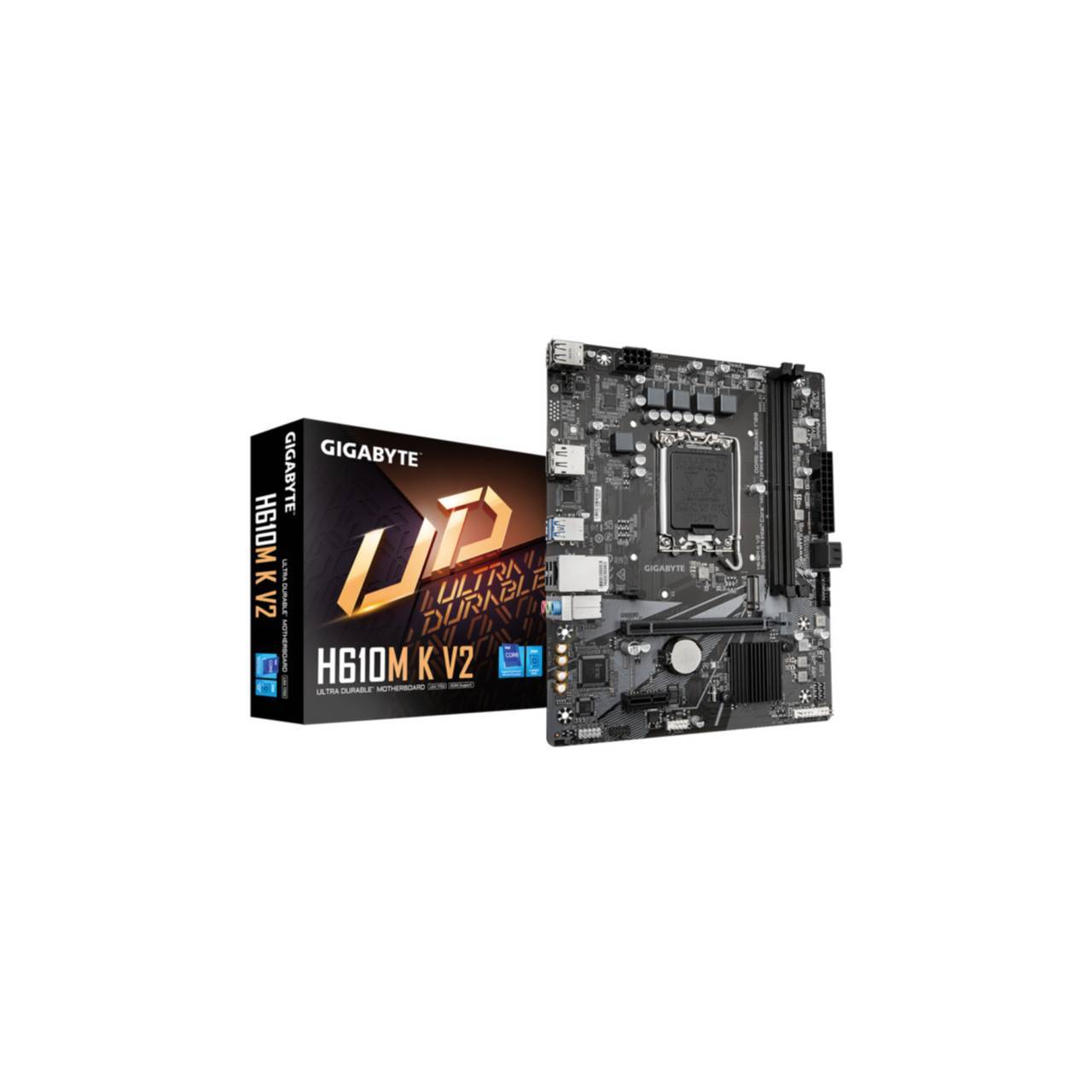 Ein Gigabyte H610M K V2 Motherboard wird neben seiner Verpackung angezeigt und hebt die Funktion „Ultra Durable