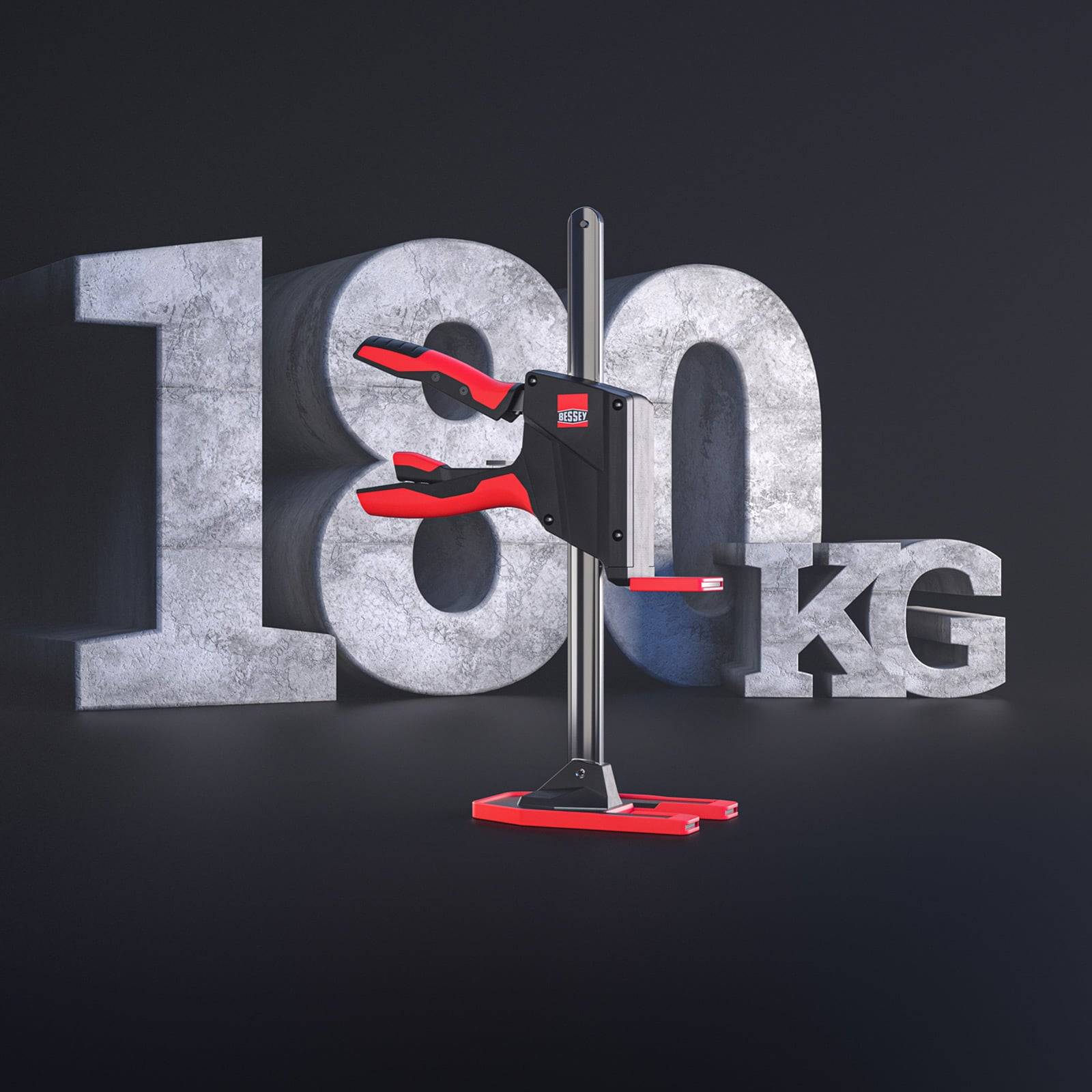 Eine robuste Klemme steht markant vor dem fettgedruckten '180 KG' Text und unterstreicht ihre starke Gewichtshaltefähigkeit.