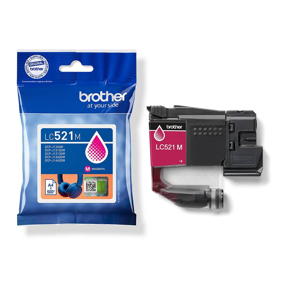 Brother LC521M Magentafarbpatrone neben ihrer blauen Einzelhandelsverpackung mit Kompatibilitätsangaben.