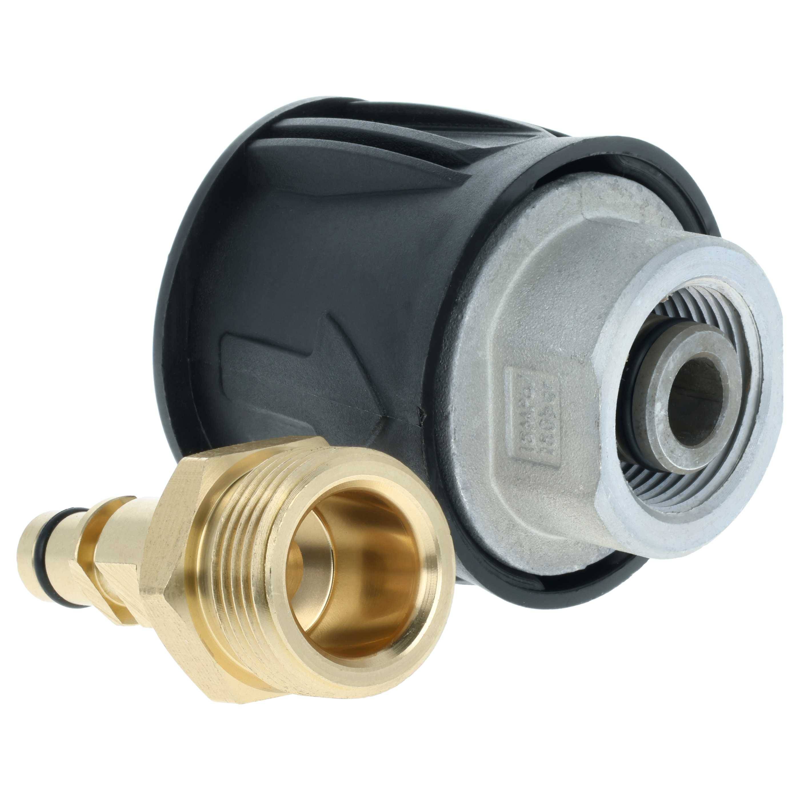 Ein schwarzer Kunststoff- und Metallhochdruckreiniger-Schlauch-Adapter mit Messingverschraubung, entwickelt zum Verbinden von Schläuchen mit Reinigungswerkzeugen.