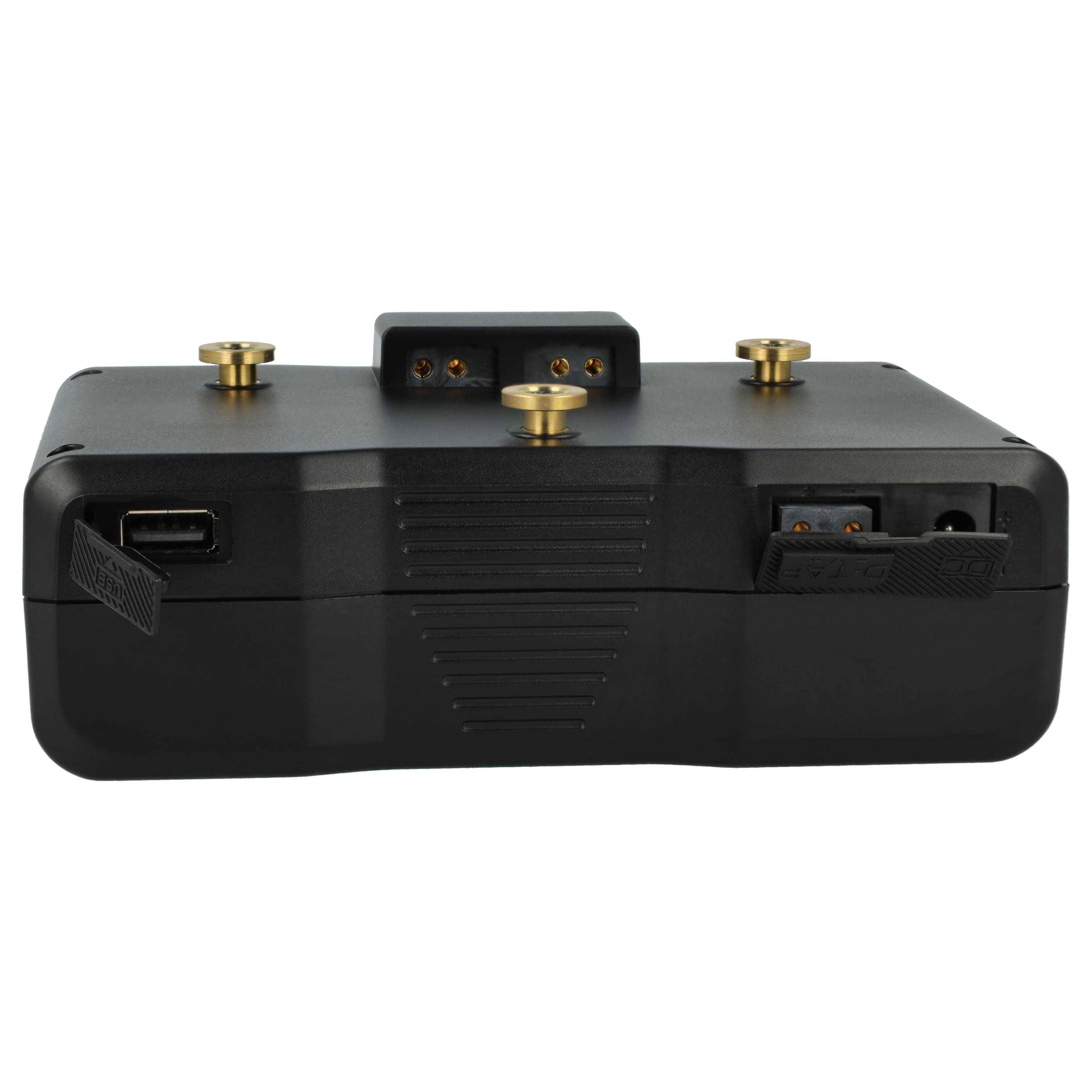 Schwarzes elektronisches Gerät mit drei goldenen Anschlüssen und vorderen USB- und Anschlussöffnungen, dargestellt auf weißem Hintergrund.