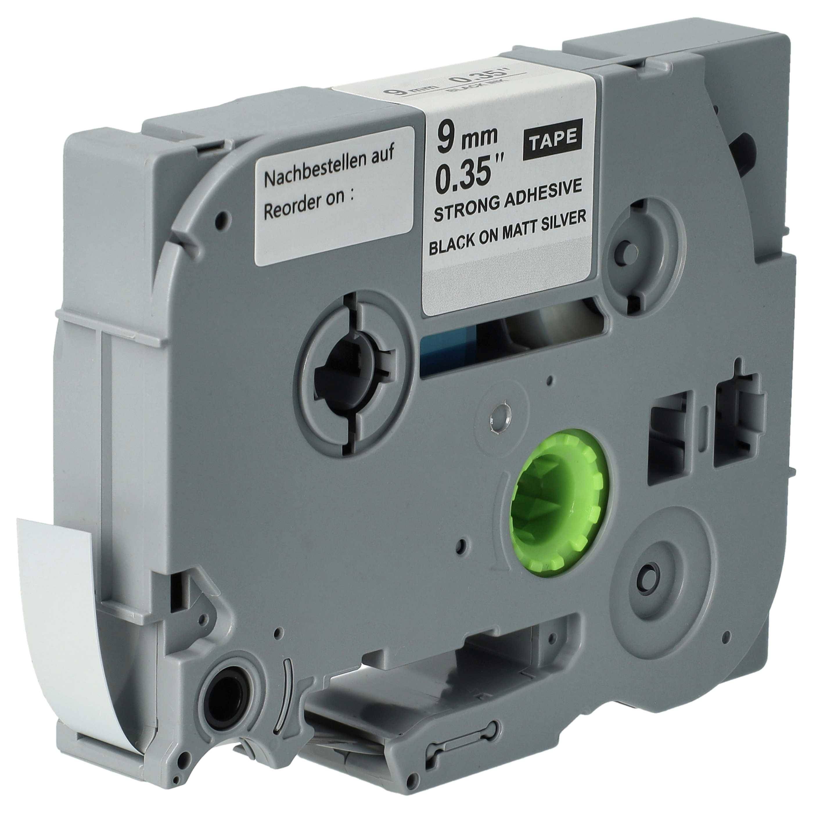 vhbw Schriftband-Kassette kompatibel mit Brother PT E800W, GL1000, GL100 Etiketten-Drucker 8m x 9mm Schwarz auf Matt-Silber, Extra Stark, Laminiert