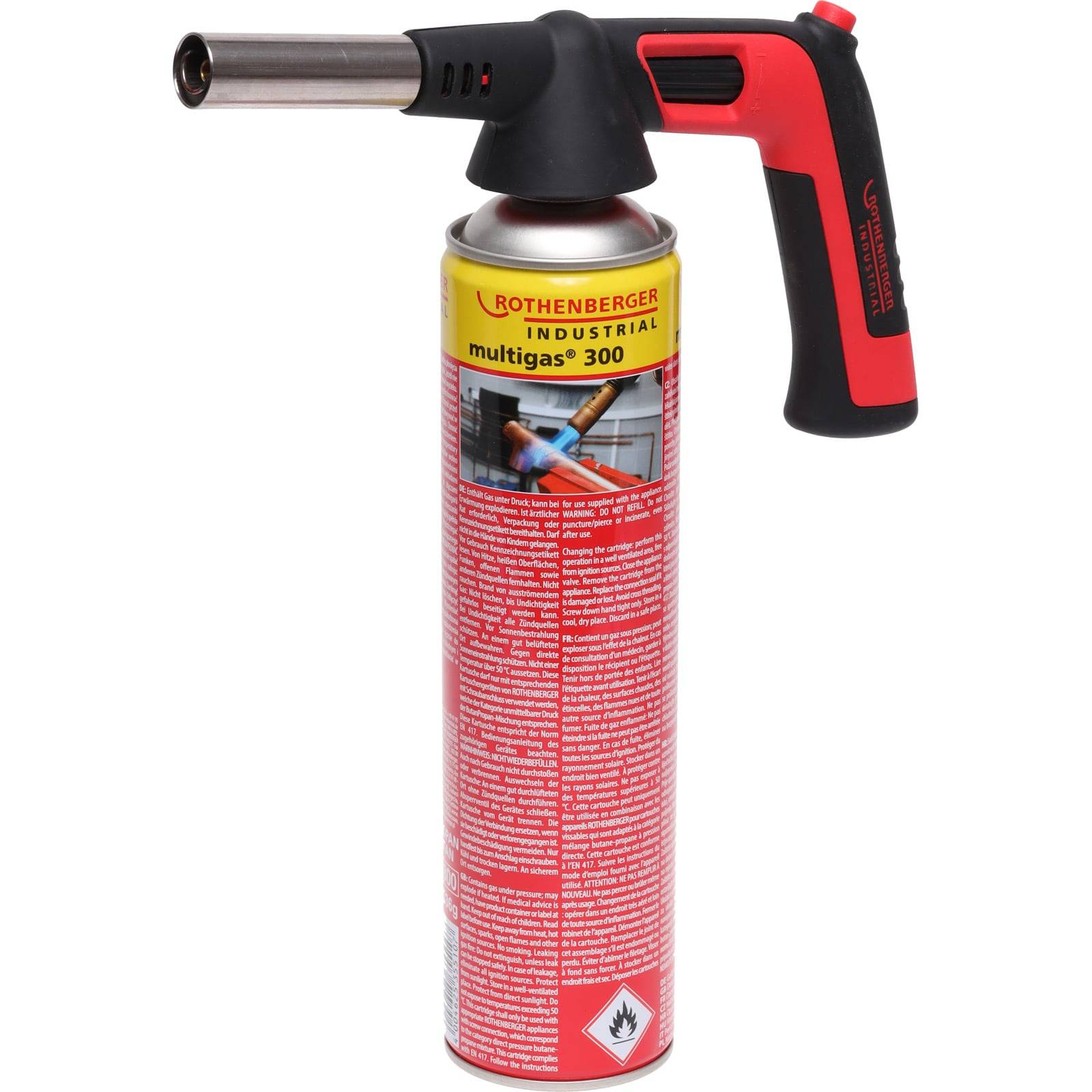 Ein roter und schwarzer Handlötbrenner mit einer Gasflasche, beschriftet mit 'Rothenberger Industrial multigas 300', der zum Erhitzen und Löten verwendet wird.