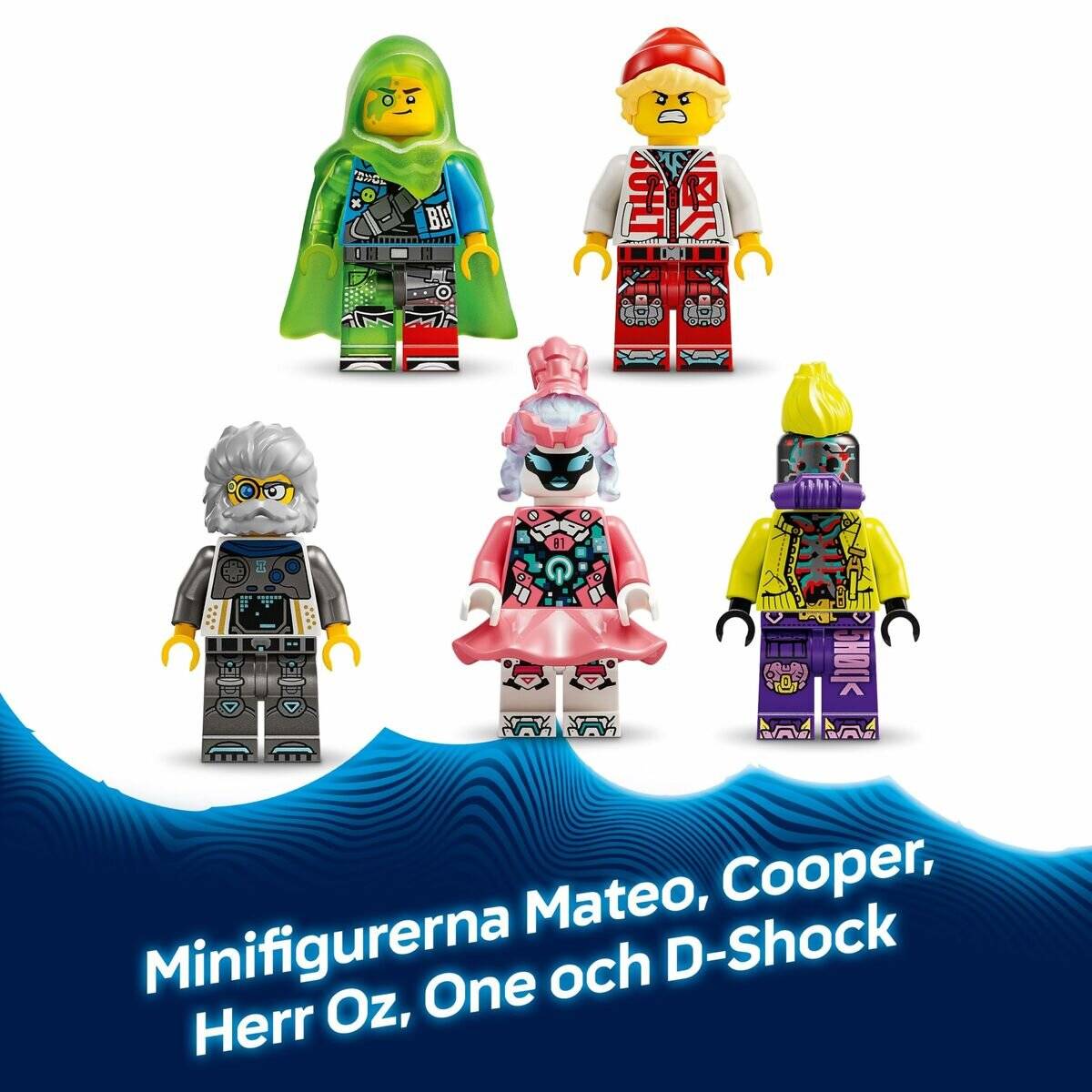 Fünf LEGO-ähnliche Minifiguren auf Weiß mit blauer Wellengrafik; der Text benennt sie Mateo, Cooper, Herr Oz, One und D-Shock.