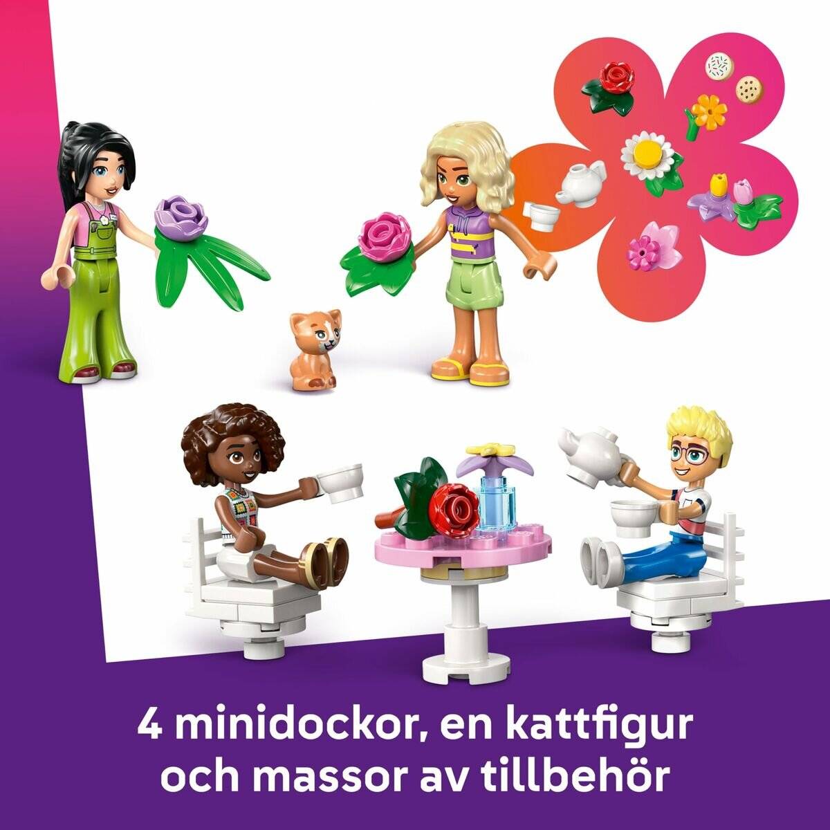 LEGO Minipuppen-Set mit vier Charakteren, einer Katze und Zubehör wie Blumen, Tassen und einem Tisch; der schwedische Text sagt „4 Minipuppen, eine Katzenfigur und jede Menge Zubehör