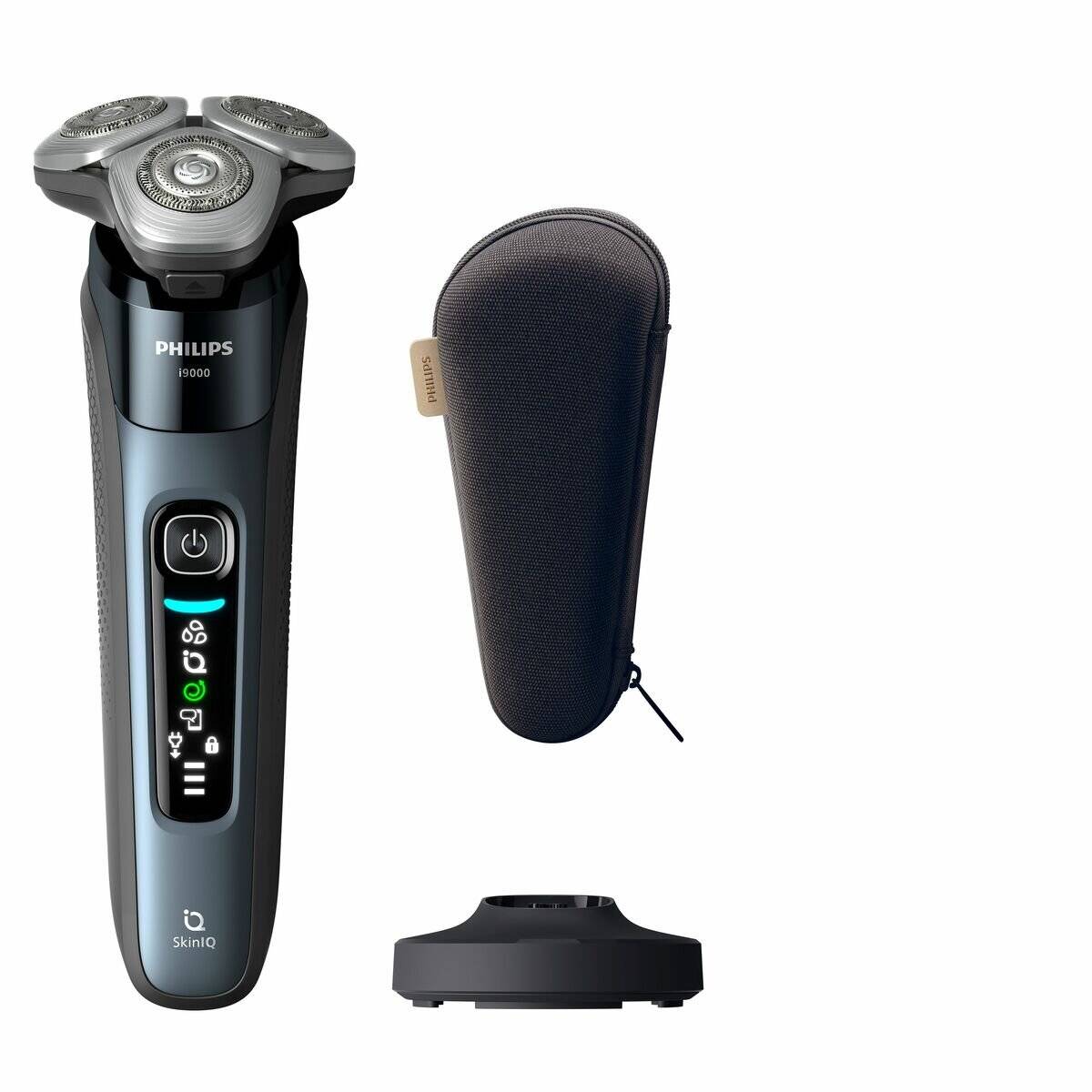 Philips Elektrorasierer mit Reiseetui und Ladeständer auf weißem Hintergrund dargestellt.
