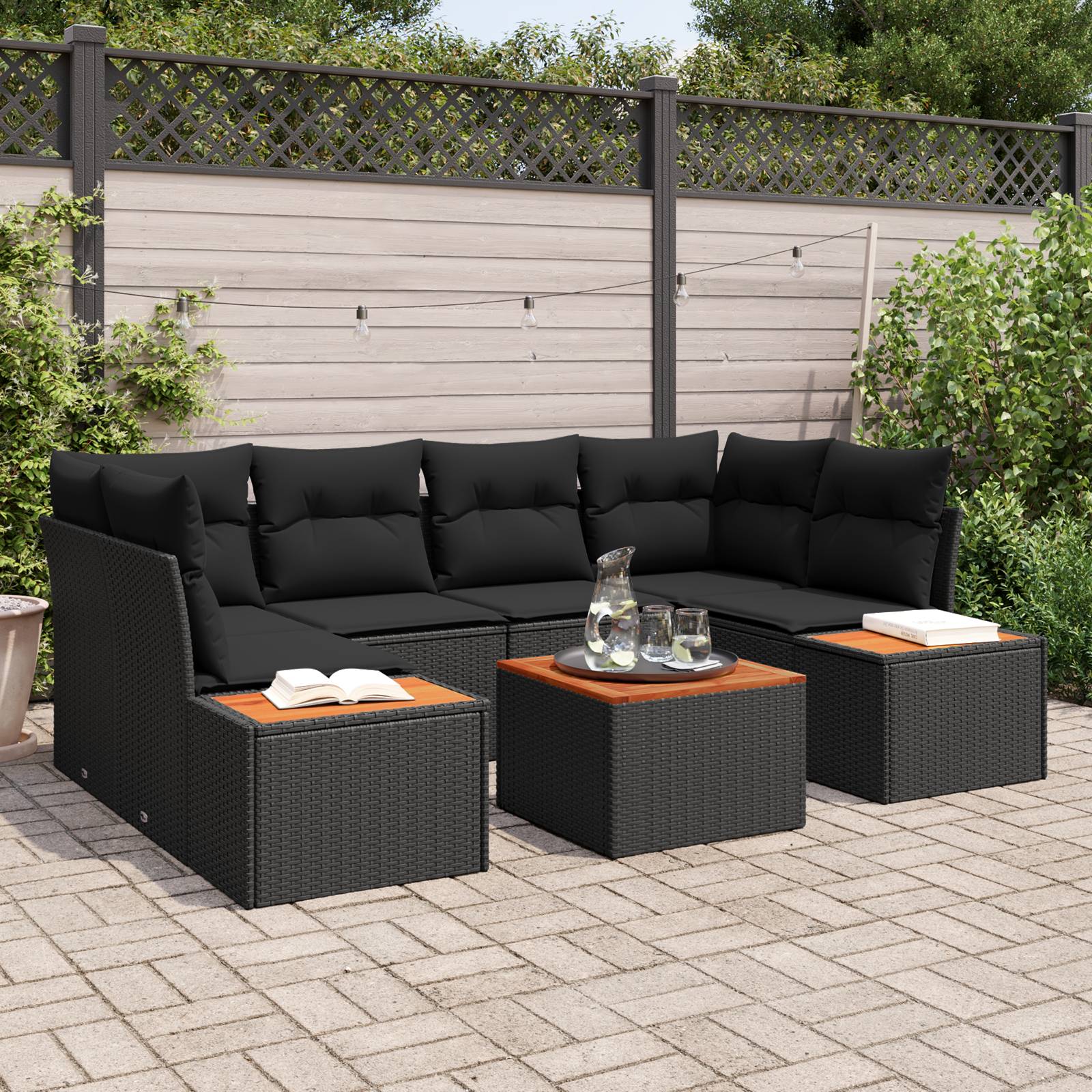 vidaXL 7-teiliges Garten Sofa Set mit Kissen Schwarz Poly Rattan Akazie