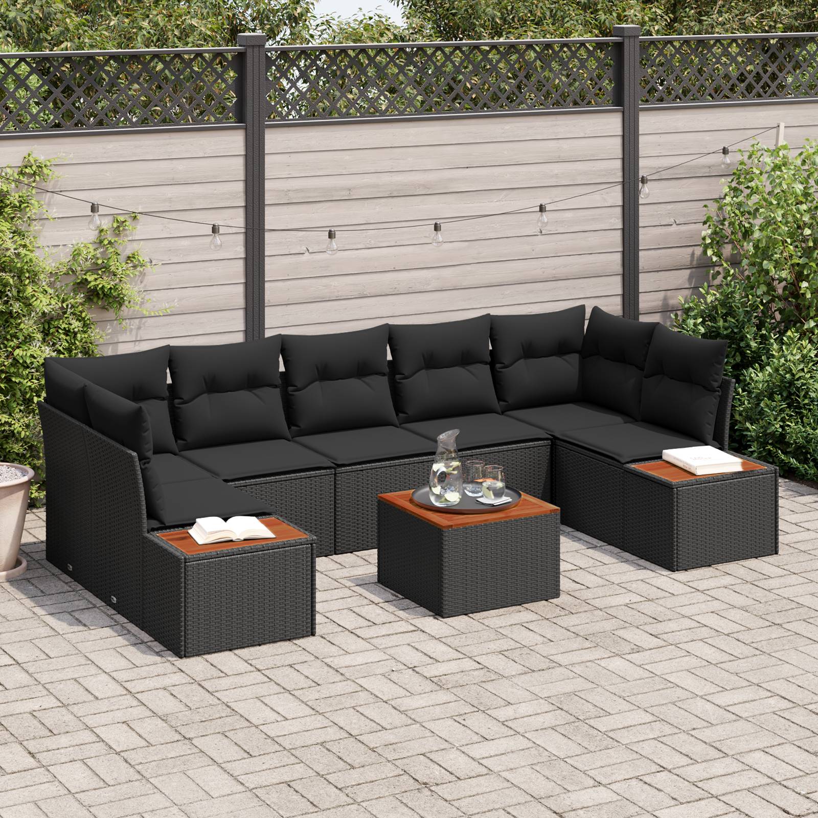 vidaXL 8-teiliges Garten Sofaset mit Kissen Schwarz Poly Rattan Akazie