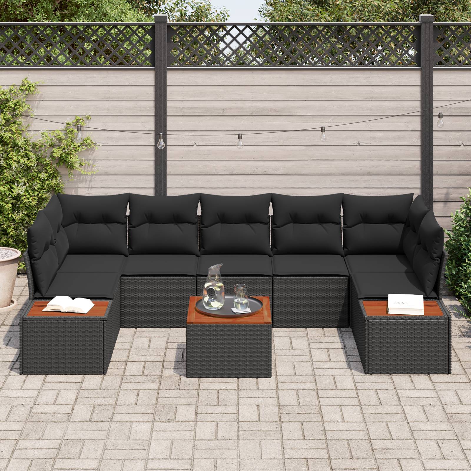 vidaXL 8-teiliges Garten Sofaset mit Kissen Schwarz Poly Rattan Akazie