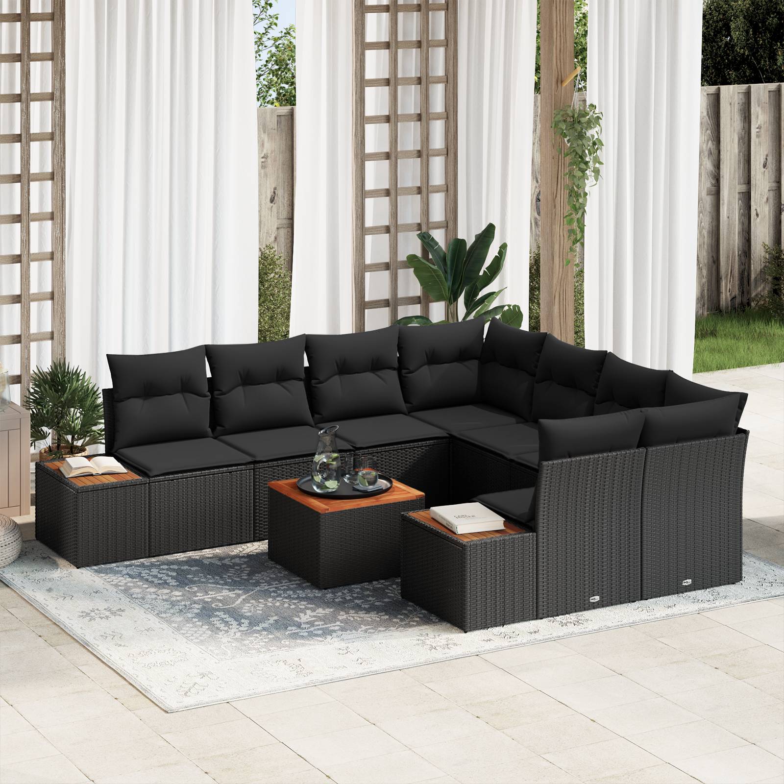 vidaXL 9-tlg. Garten-Sofagarnitur mit Kissen Schwarz Poly Rattan