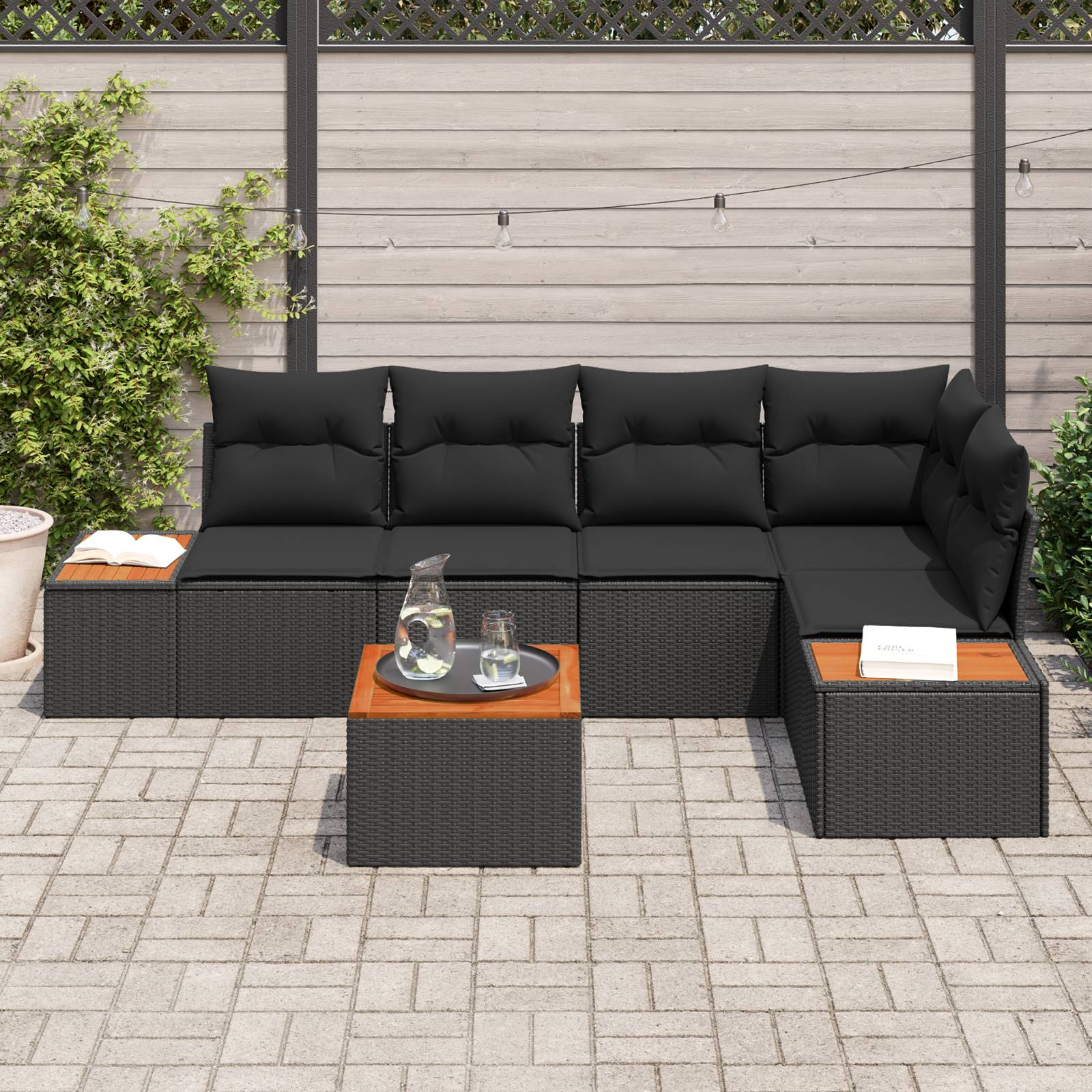 vidaXL 6-teilige Garten Sofa Set mit Kissen Schwarz Poly Rattan Akazie