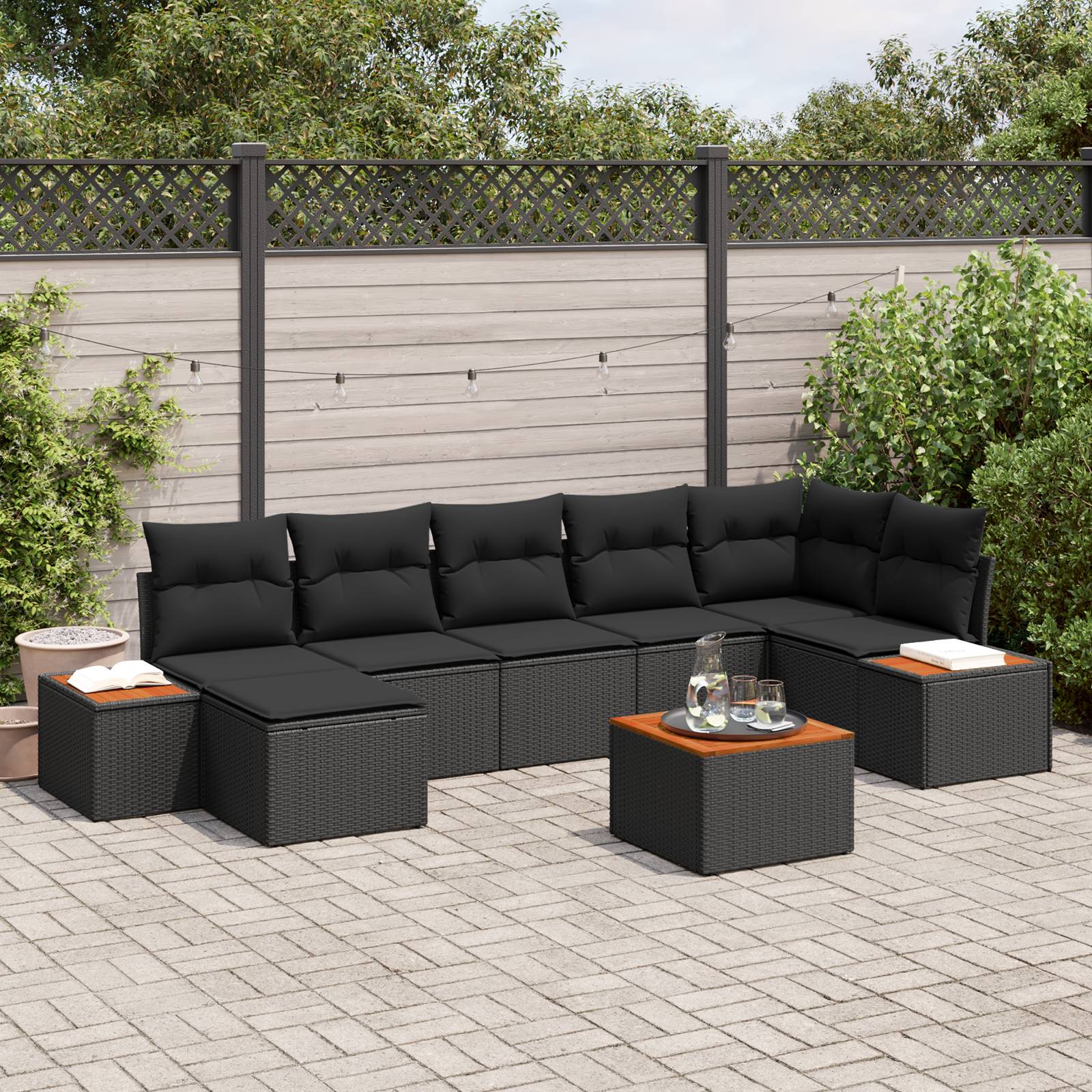 vidaXL 8-teiliges Garten-Sofaset mit Kissen Schwarzes Poly-Rattan Akazie