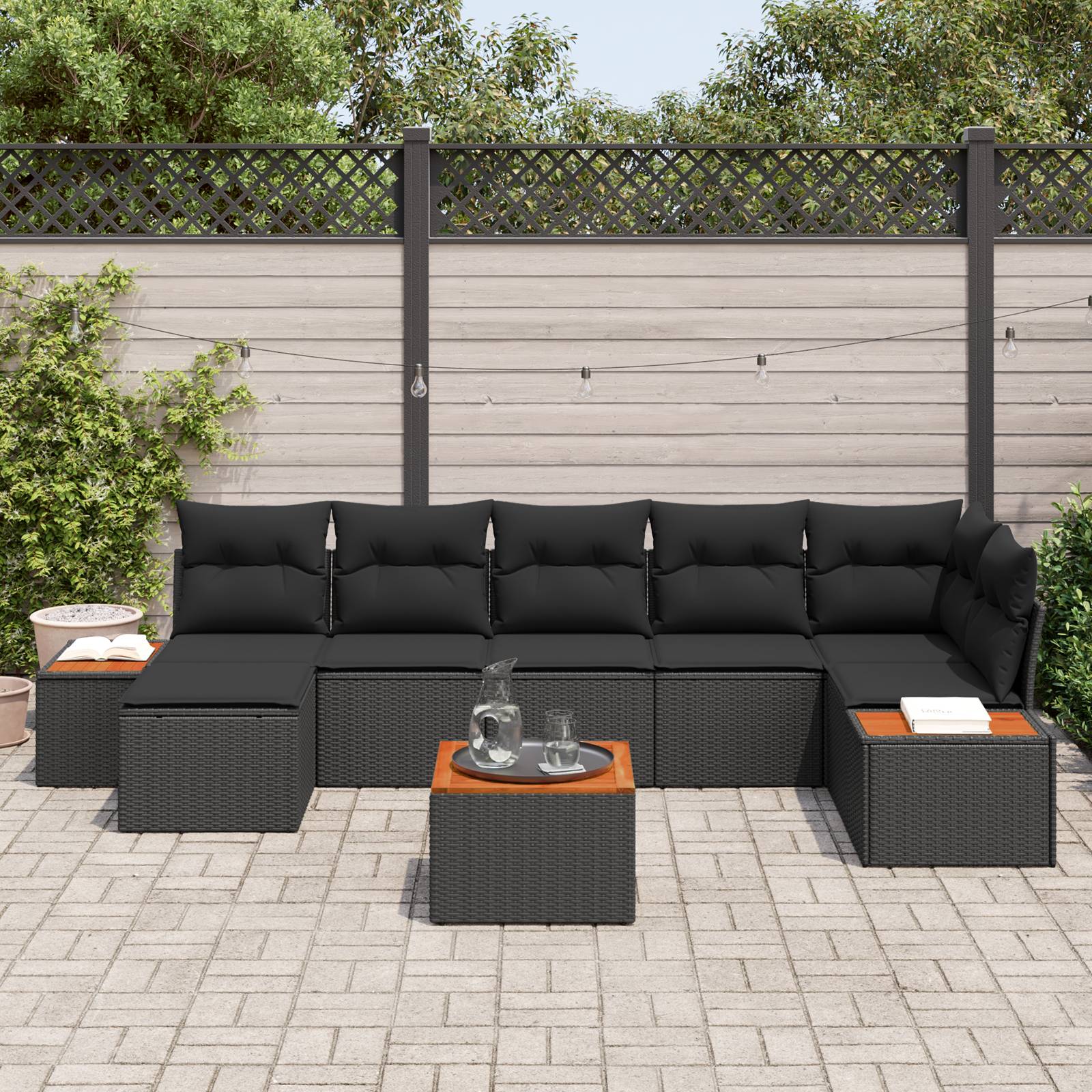 vidaXL 8-teiliges Garten-Sofaset mit Kissen Schwarzes Poly-Rattan Akazie
