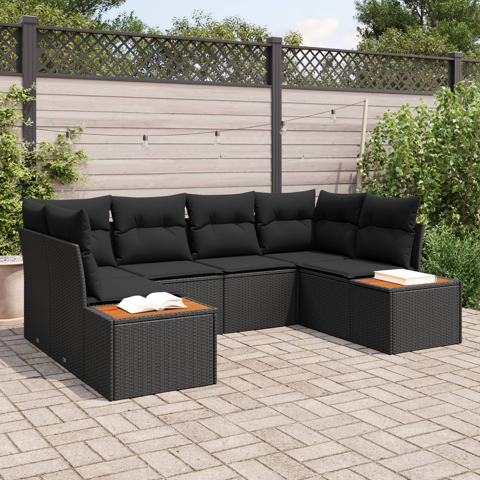 vidaXL 6-teiliges Garten-Sofaset mit Kissen Schwarz Poly-Rattan Akazie