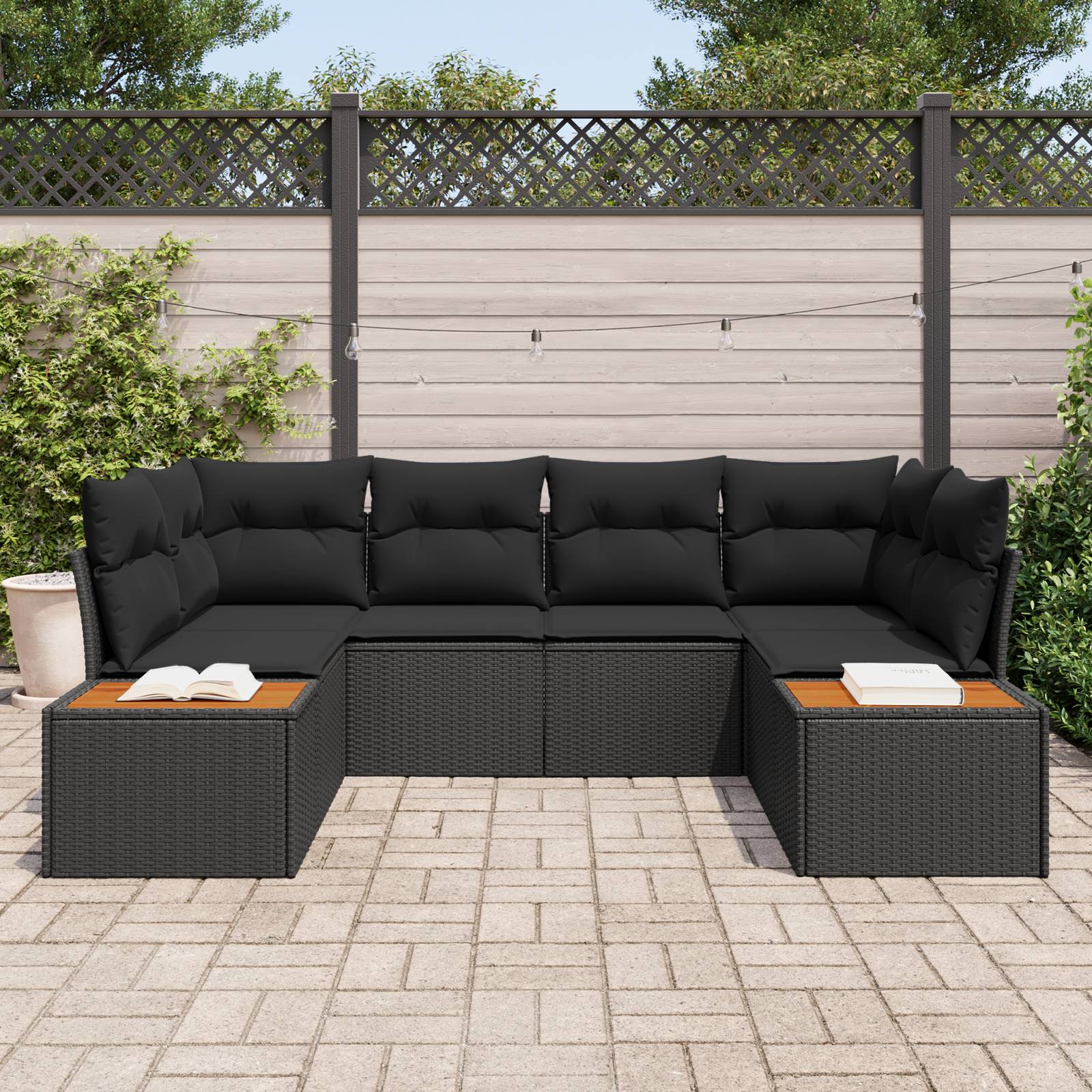 vidaXL 6-teiliges Garten-Sofaset mit Kissen Schwarz Poly-Rattan Akazie