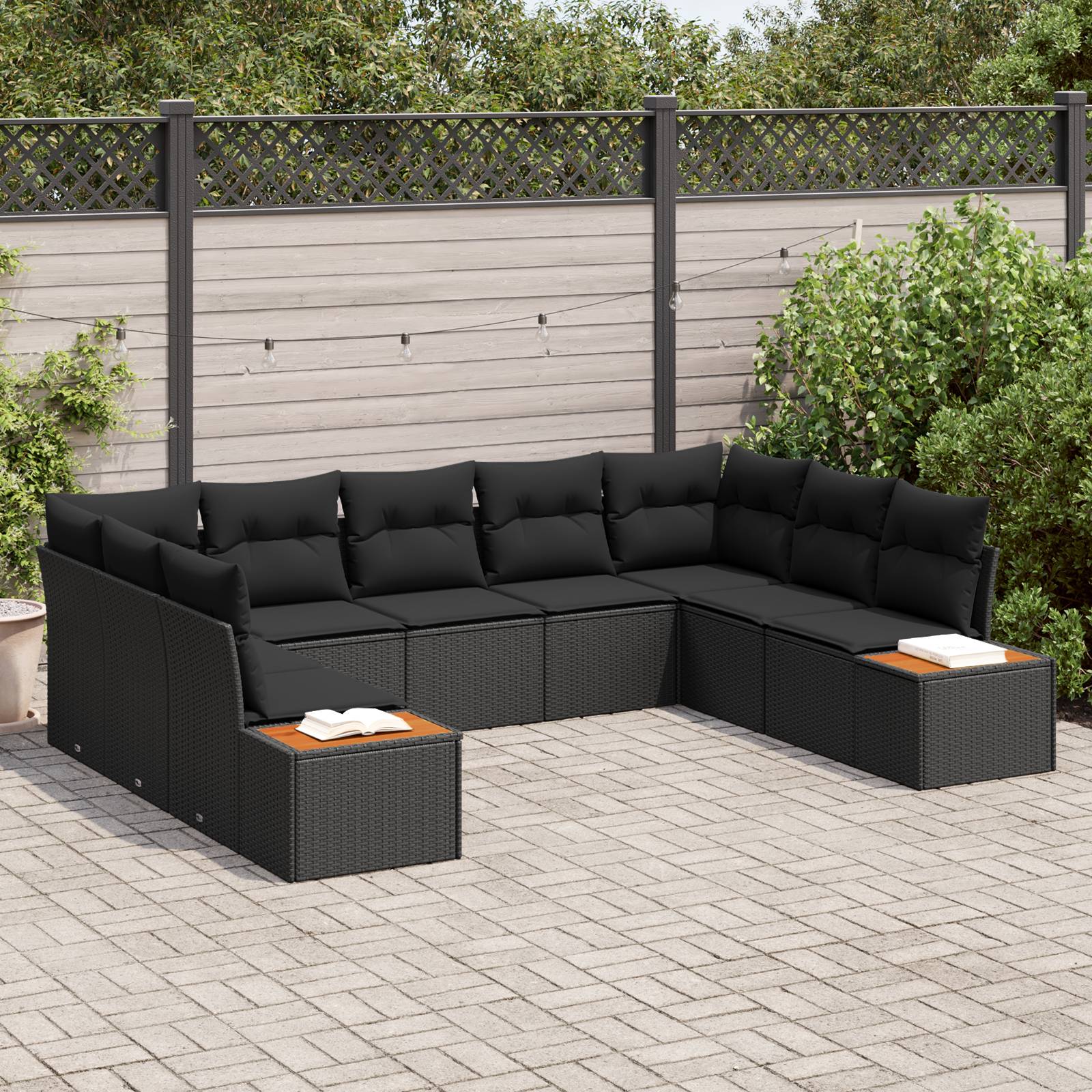 vidaXL 9-teiliges Garten-Sofa-Set mit Kissen, schwarzes Poly-Rattan & Akazie