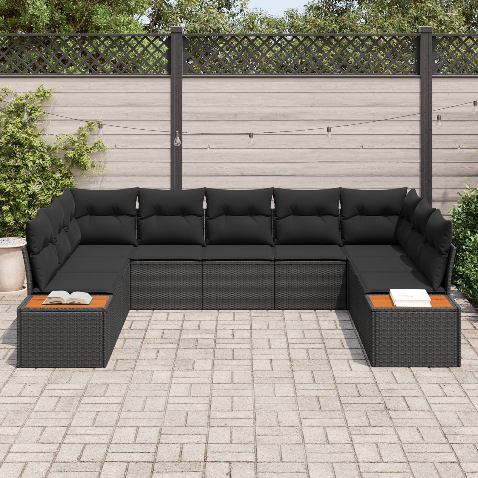vidaXL 9-teiliges Garten-Sofa-Set mit Kissen, schwarzes Poly-Rattan & Akazie
