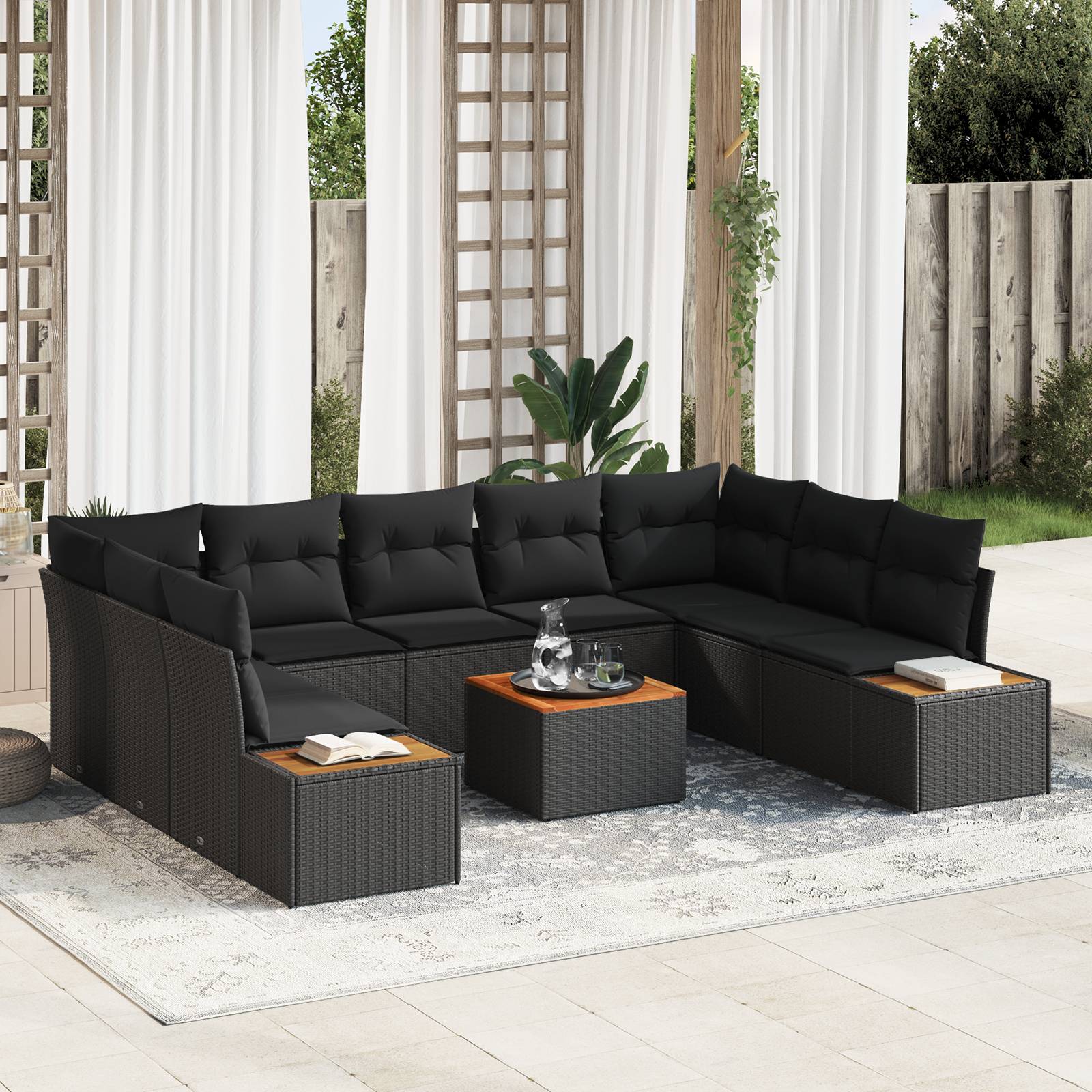 vidaXL 10-teiliges Garten-Sofa-Set mit Kissen - Schwarzes Poly-Rattan & Akazie