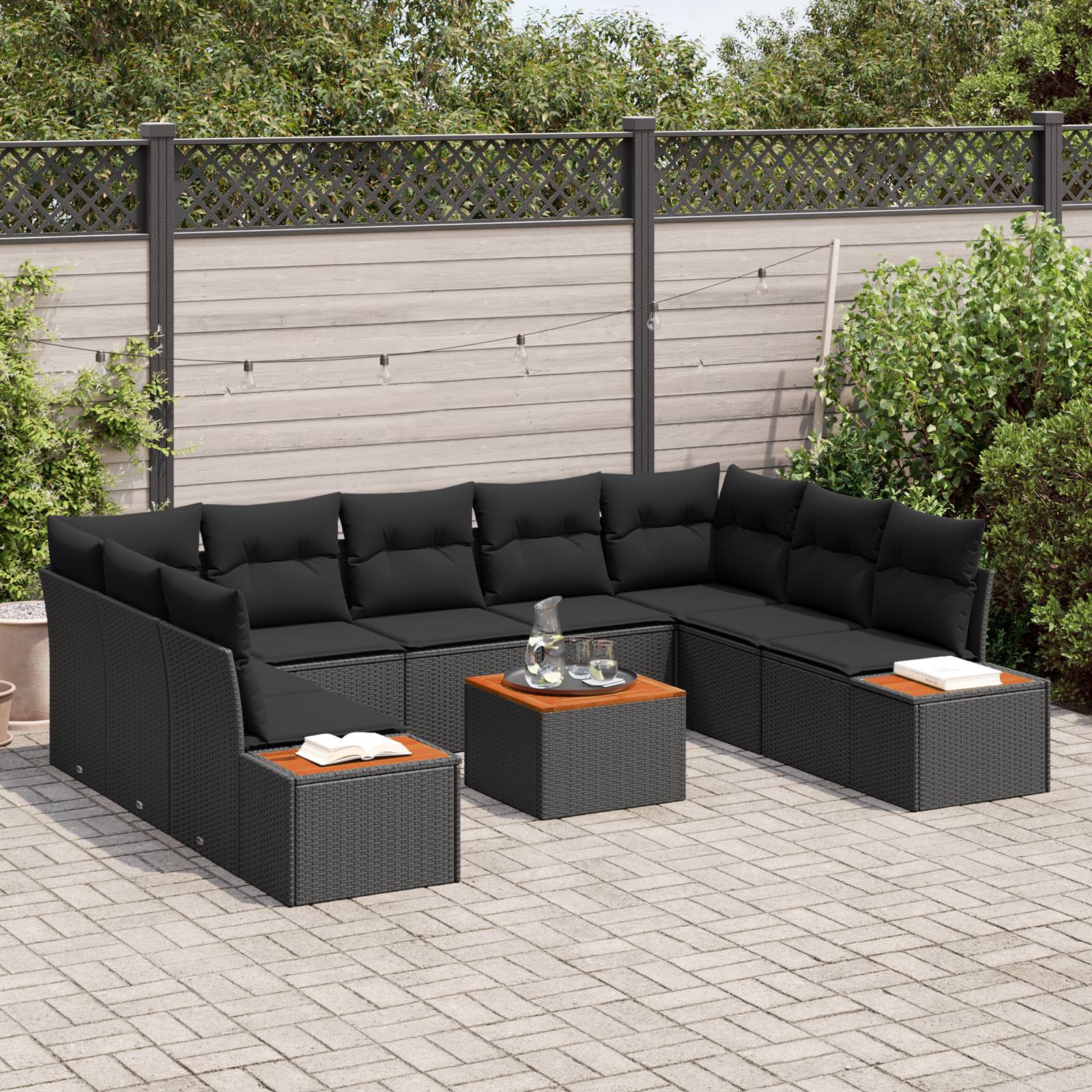 vidaXL 10-teiliges Garten-Sofa-Set mit Kissen - Schwarzes Poly-Rattan & Akazie