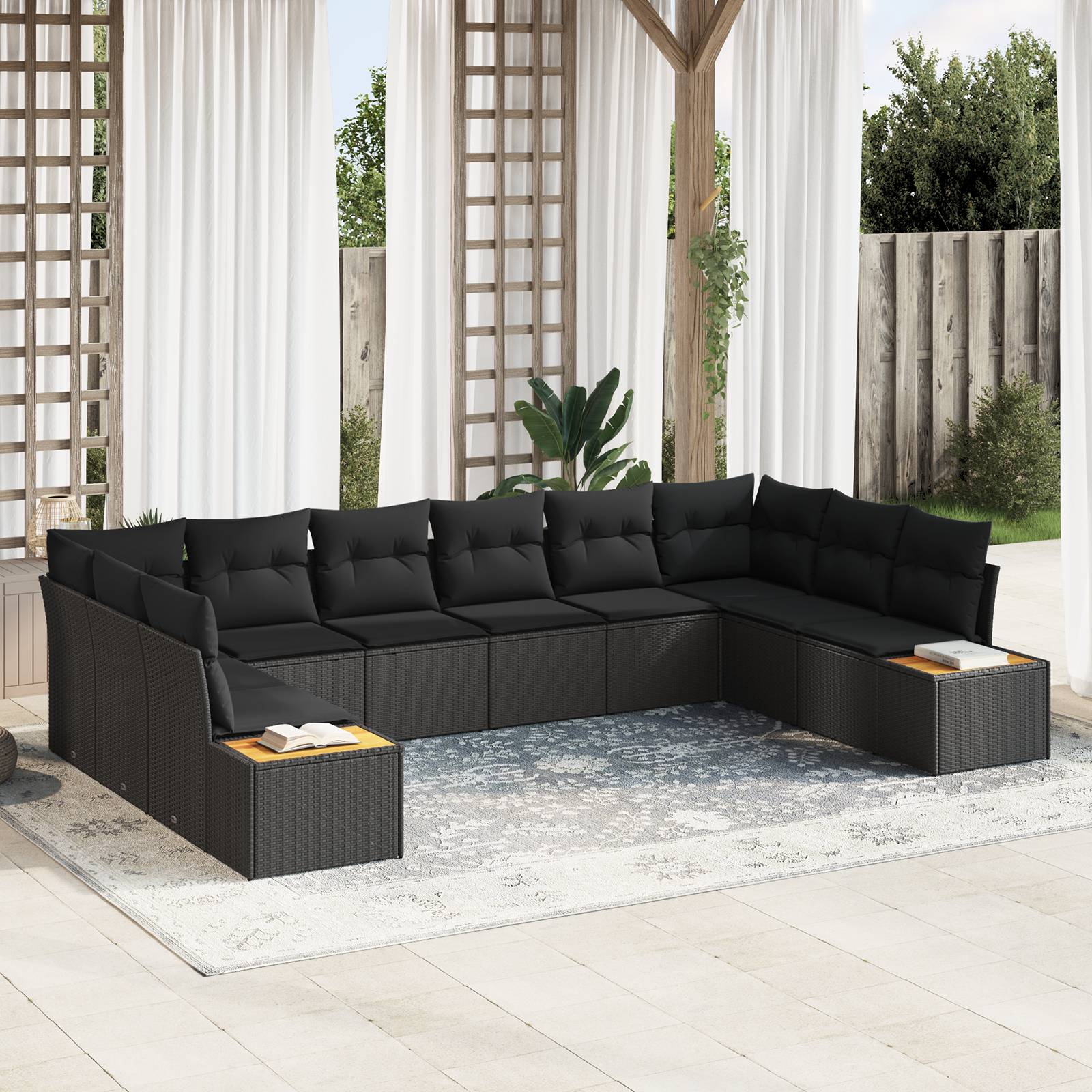 vidaXL 10-tlg. Garten-Sofagarnitur mit Kissen Schwarz Poly Rattan