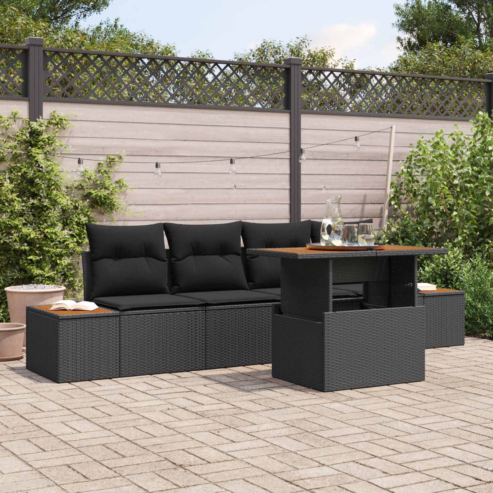 vidaXL 5-tlg. Garten-Essgruppe mit Kissen Schwarz Poly Rattan
