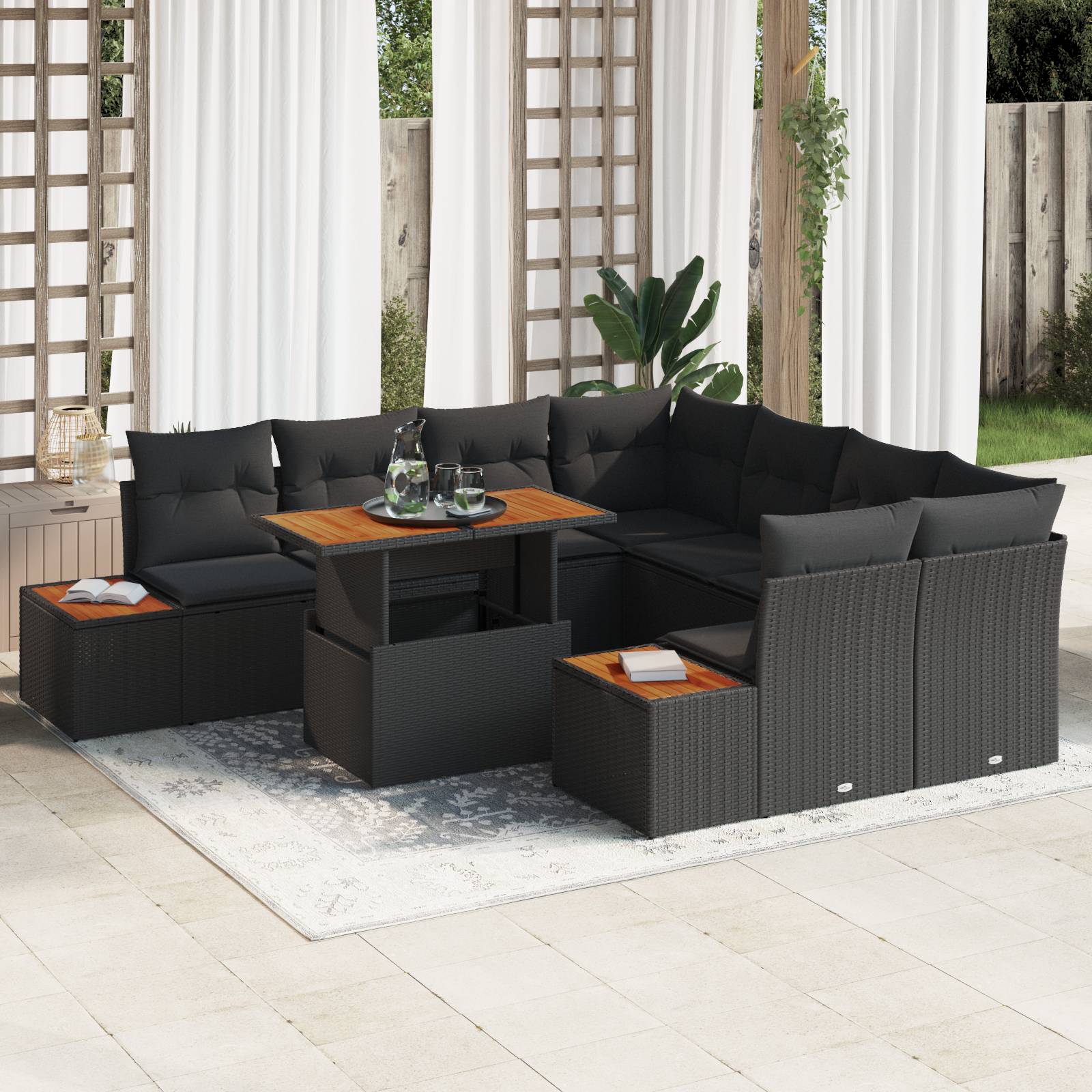 vidaXL 9-teiliges Garten Sofa Set mit Kissen Schwarz Poly Rattan
